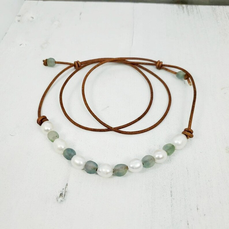 Boho Leather Pearl Necklace: Ghana Sea Glass, Freshwater Pearls