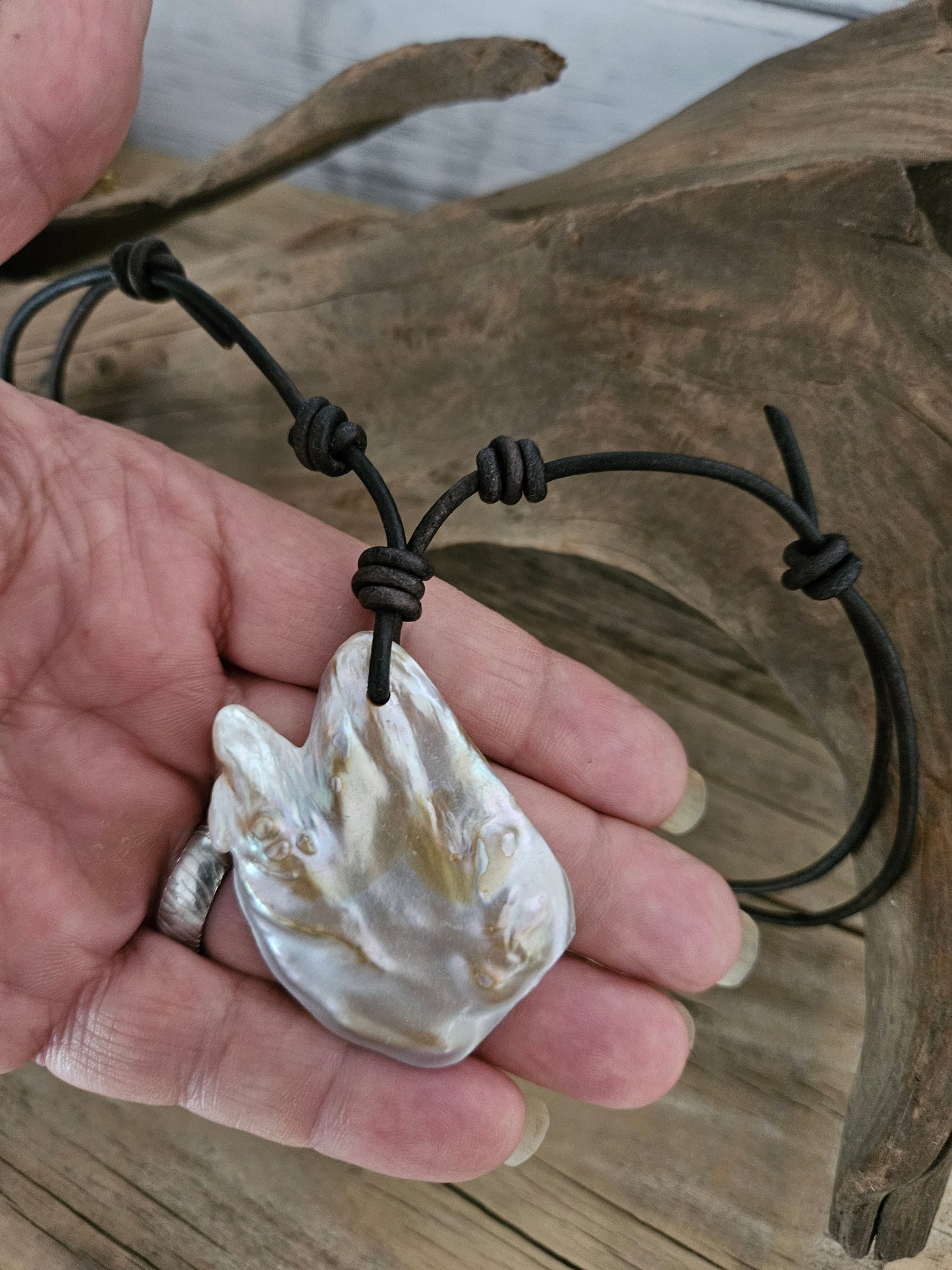 Boho Leather & Blister Pearl Angel Wing Necklace: Adjustable Hippie Pendant