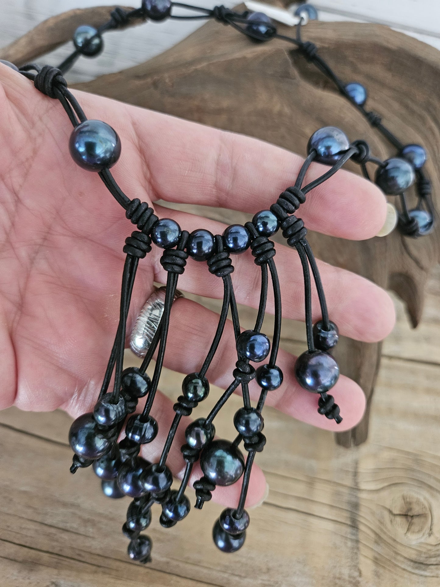 Black Freshwater Pearl Waterfall Necklace: Boho Leather Jewelry