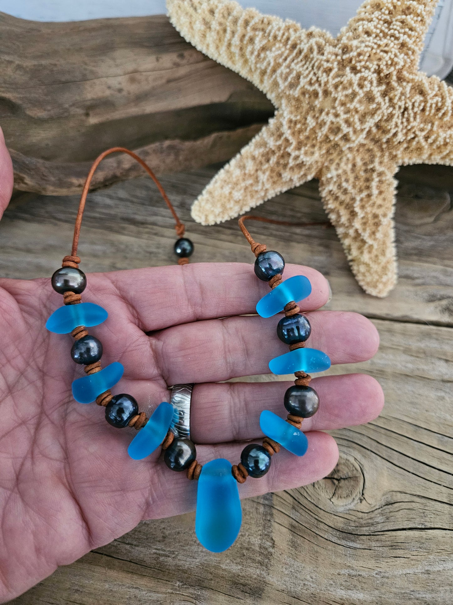 Blue Sea Glass & Peacock Pearl Leather Choker Necklace: Ocean Jewelry