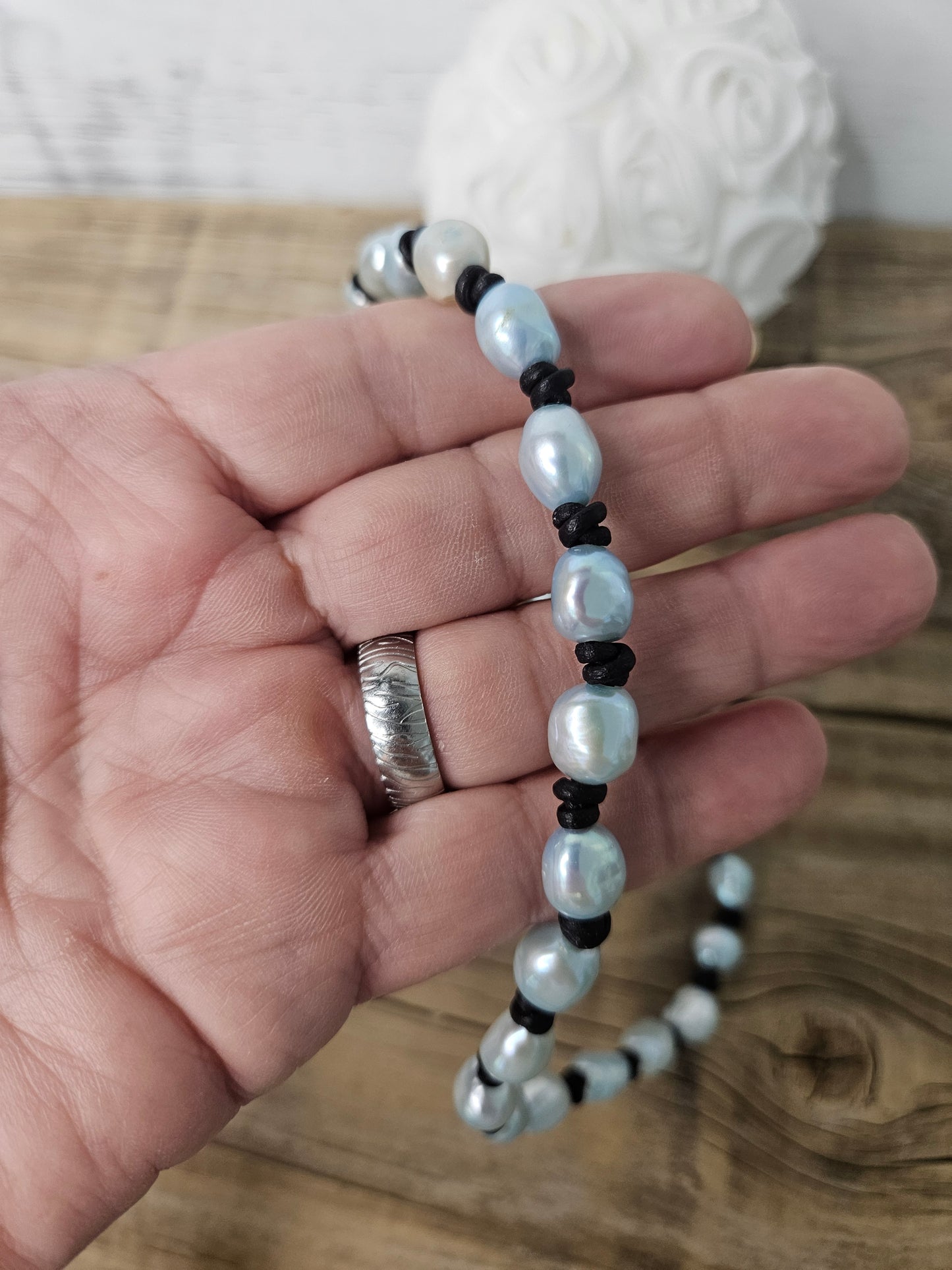 Baby Blue Baroque Pearl Necklace Earring Set: Leather Knotted, Sterling Silver