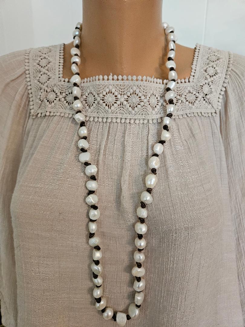 Boho Baroque Pearl Necklace: Knotted Leather, Freshwater Pearl Nuggets