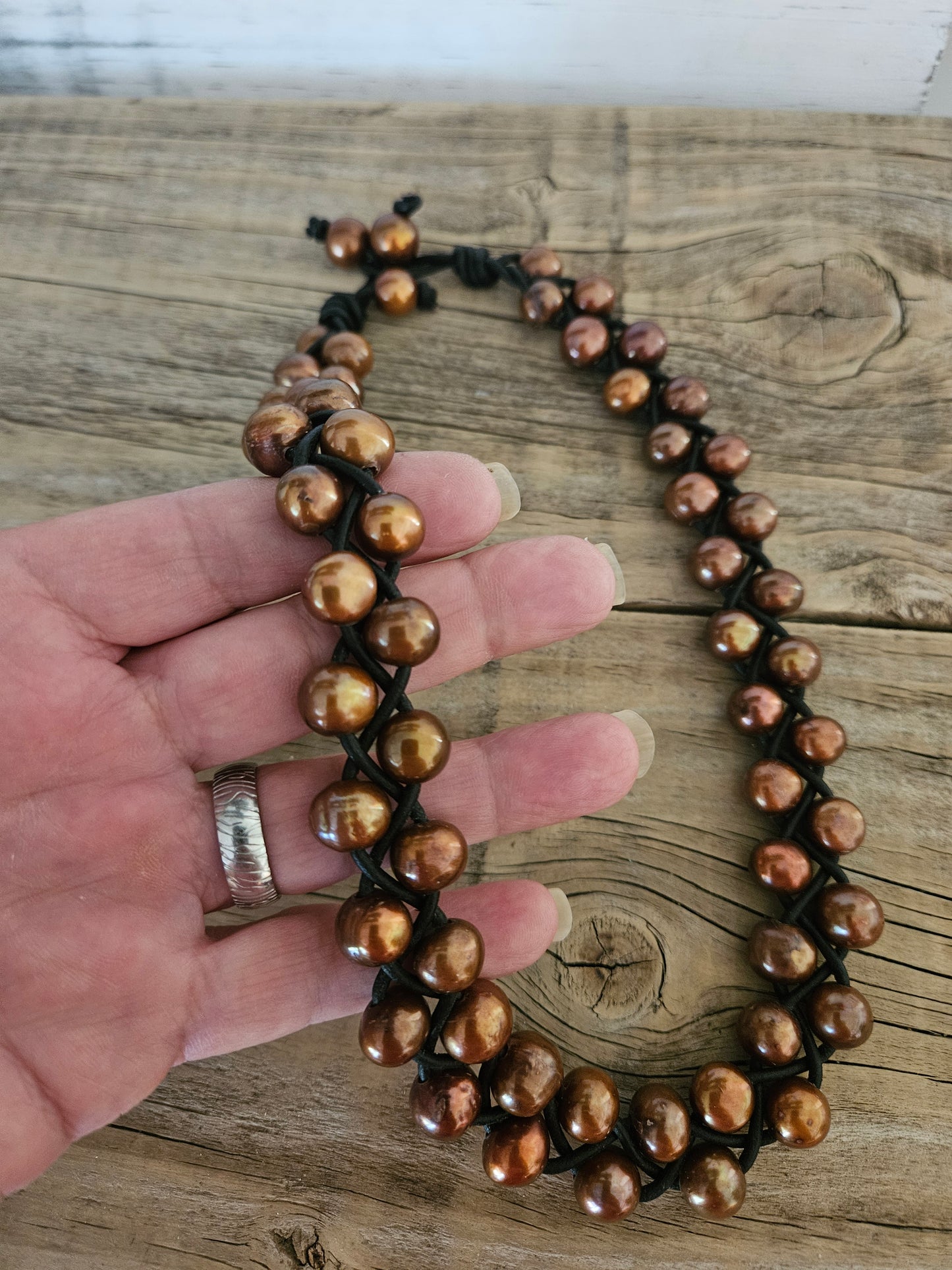 Pearl on Leather Braided Necklace -Copper color Pearls