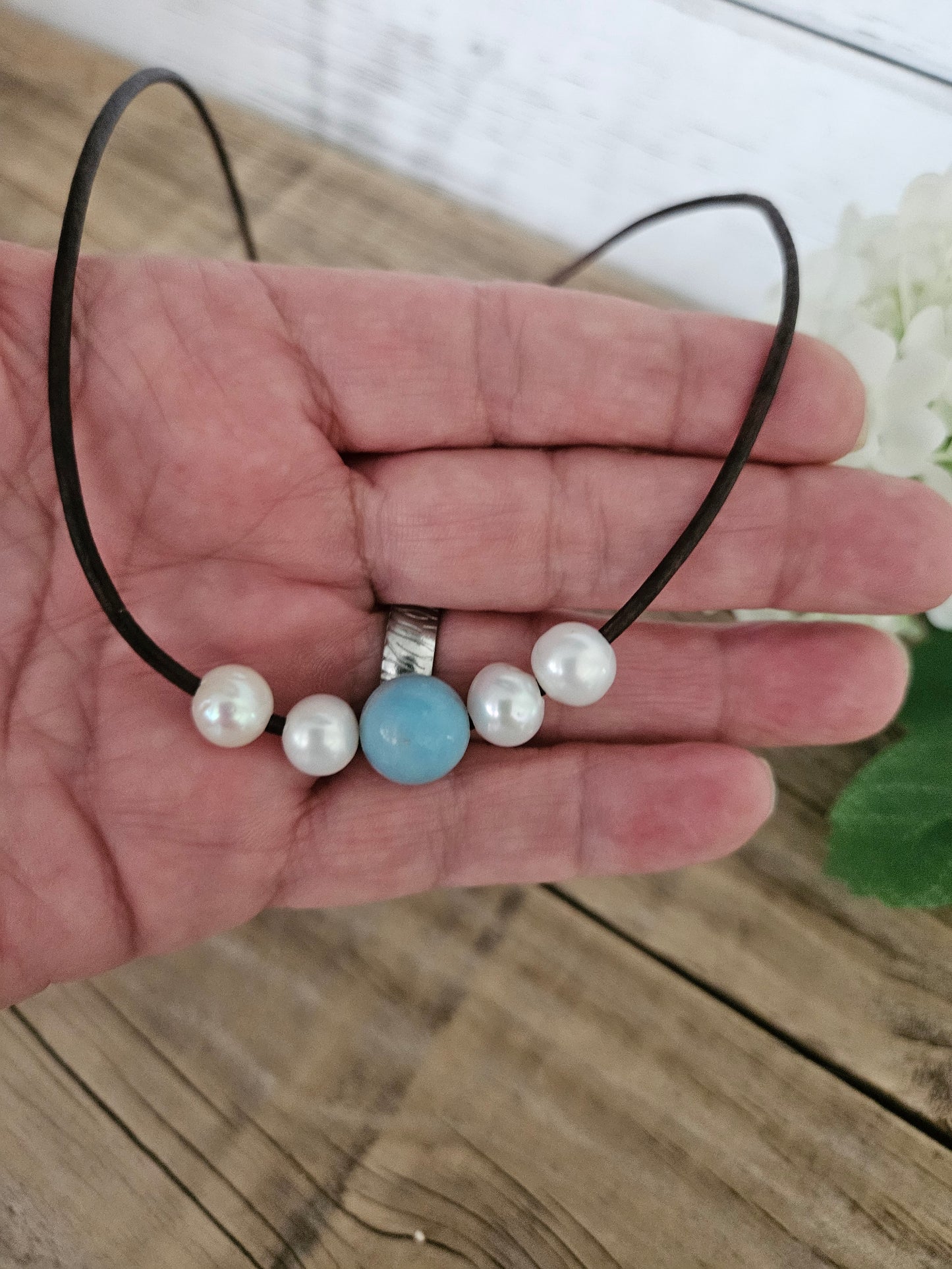 Beach Boho Larimar White Freshwater Pearl Brown or Black Leather Necklace, casual