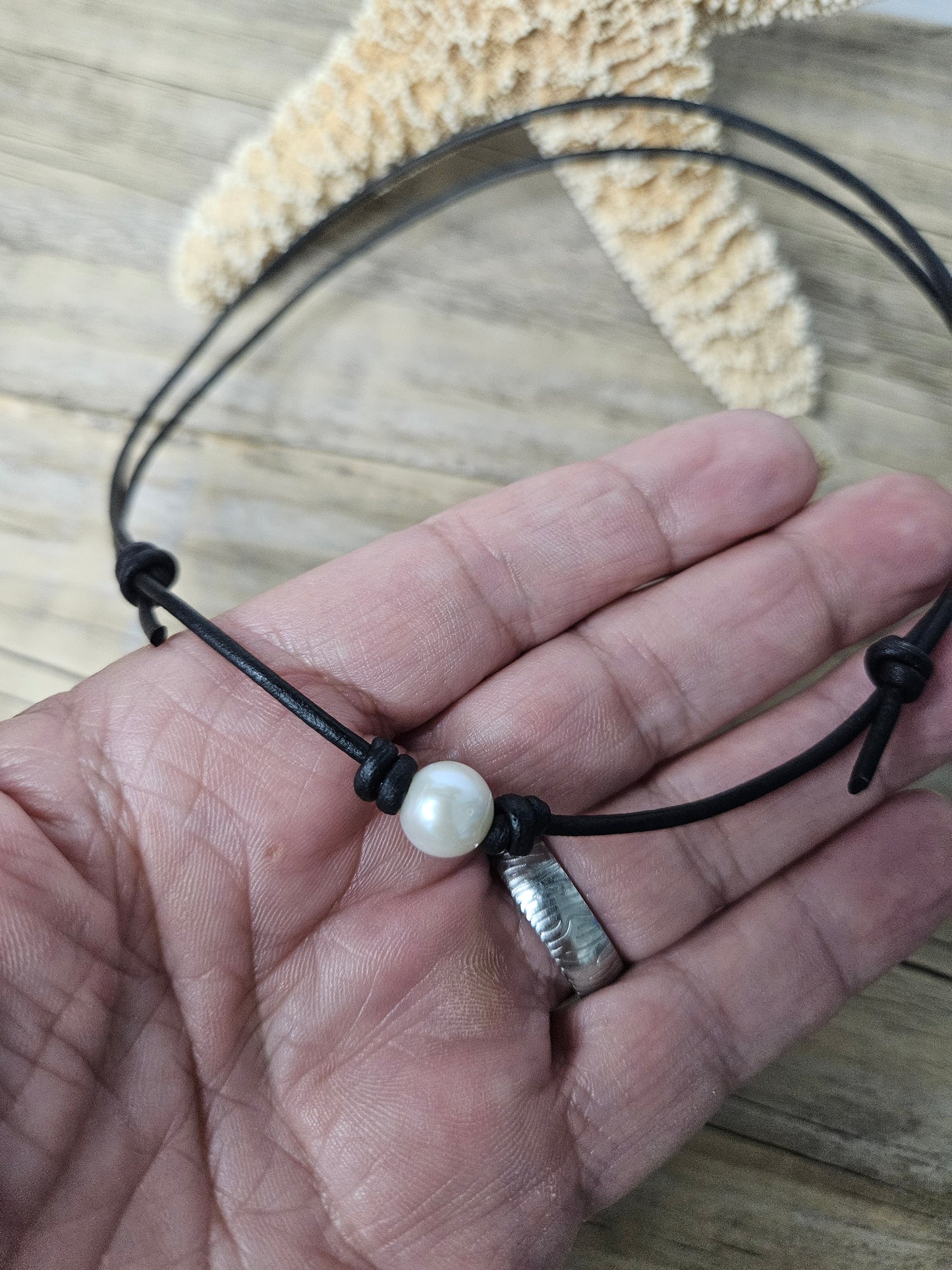 Boho Leather Choker: Single Freshwater Pearl, Adjustable Necklace 8-9mm