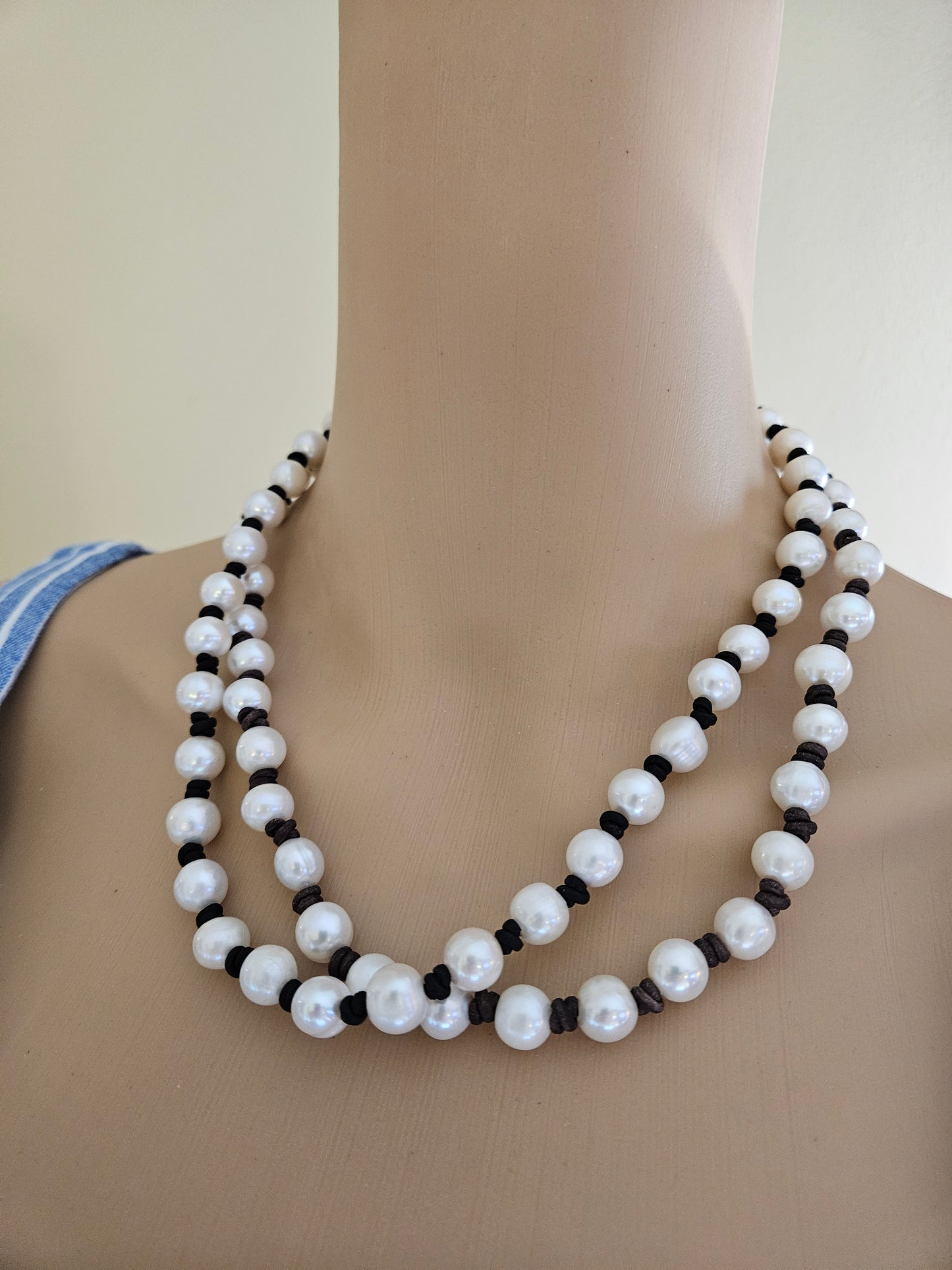 Freshwater Pearl Necklace: Knotted Leather, Hippie Beach Jewelry 20" Inch
