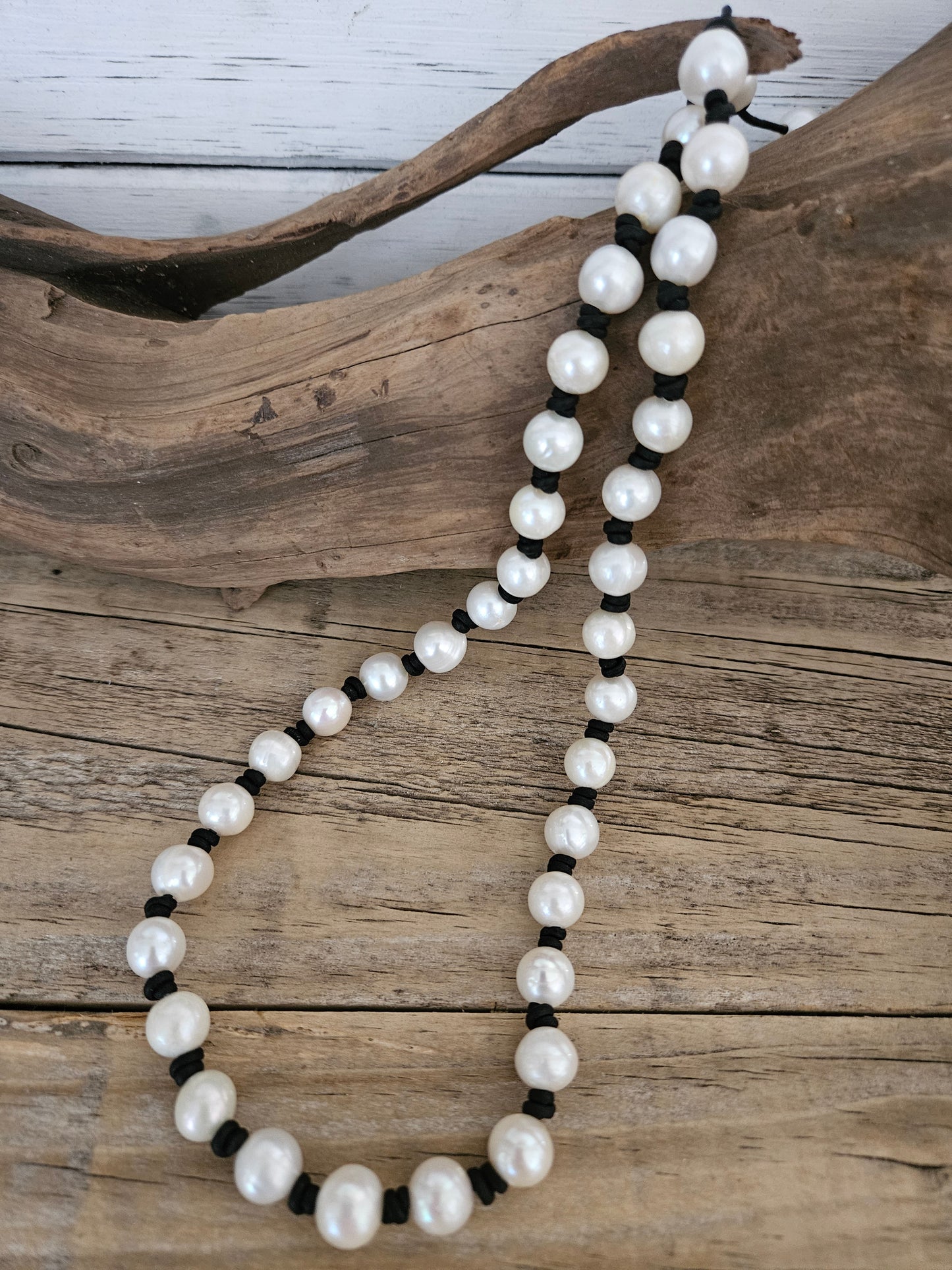 Freshwater Pearl Necklace: Knotted Leather, Hippie Beach Jewelry 20" Inch