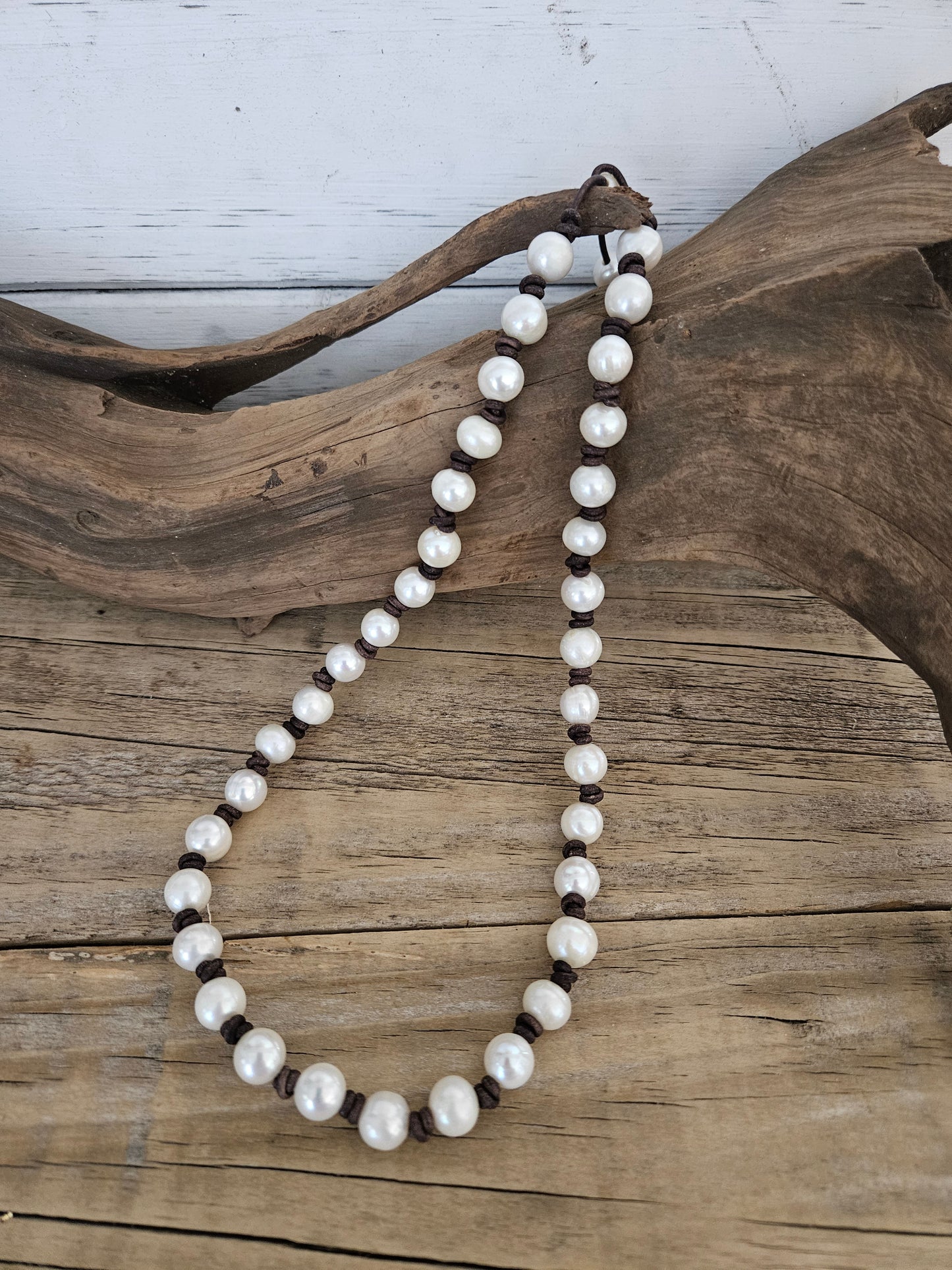 Freshwater Pearl Necklace: Knotted Leather, Hippie Beach Jewelry 20" Inch