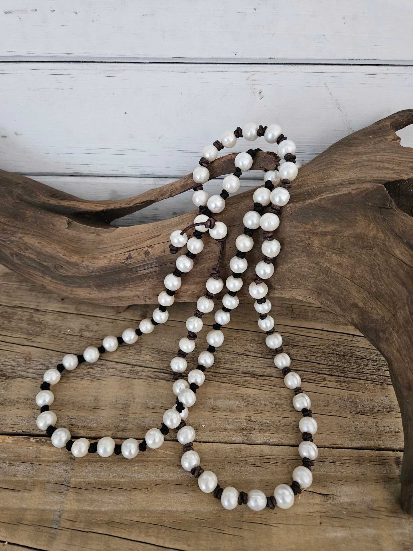 Freshwater Pearl Necklace: Knotted Leather, Hippie Beach Jewelry 20" Inch