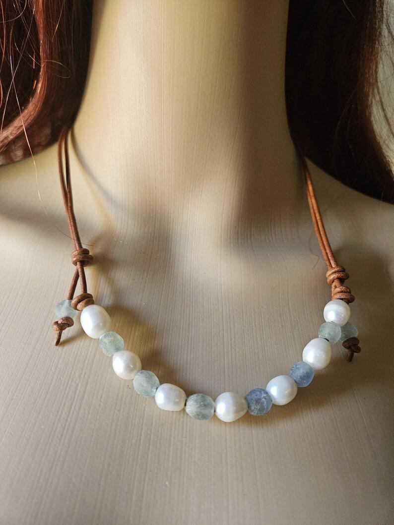 Boho Leather Pearl Necklace: Ghana Sea Glass, Freshwater Pearls