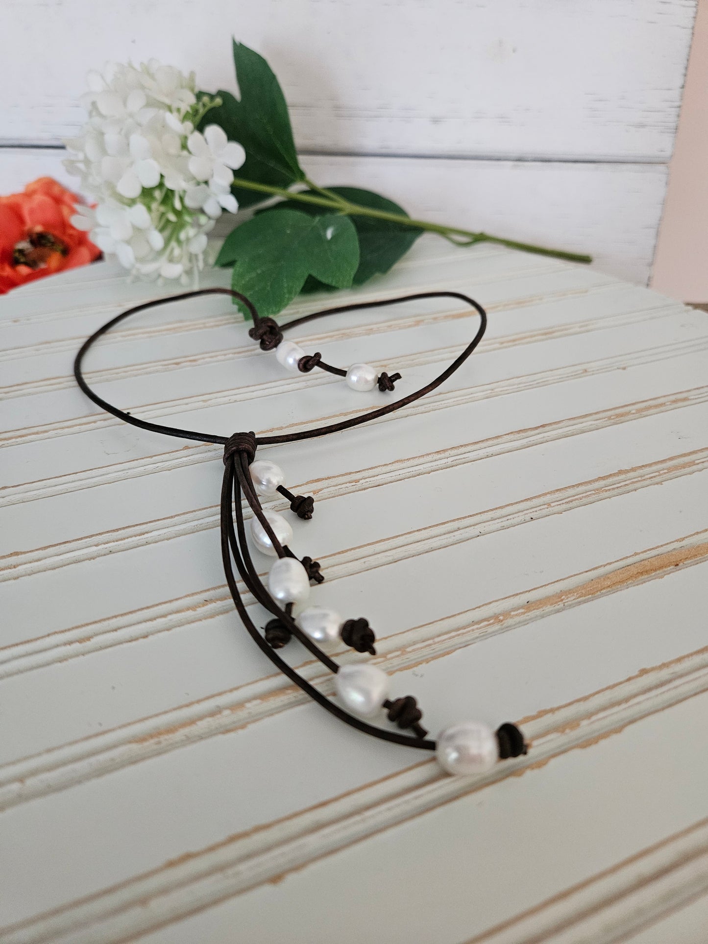 White Freshwater Pearl Necklace-Lariat Style Leather Necklace