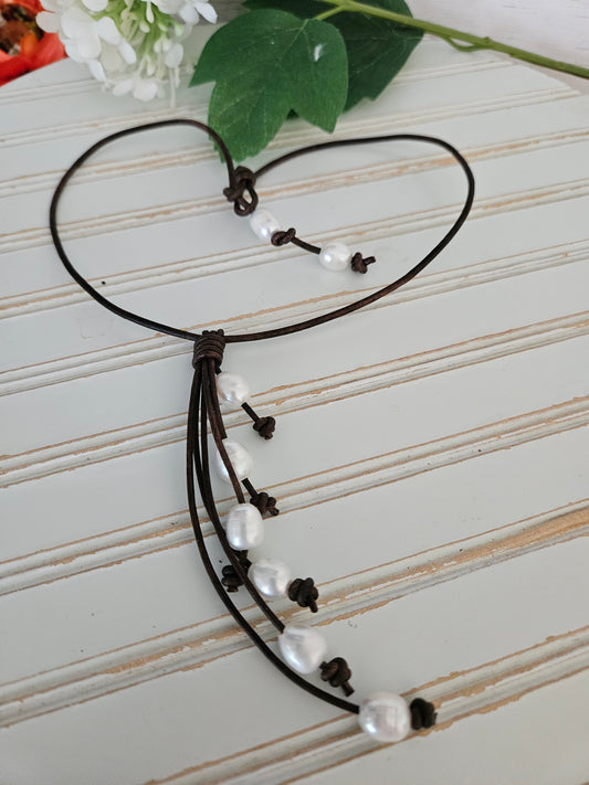 White Freshwater Pearl Necklace-Lariat Style Leather Necklace