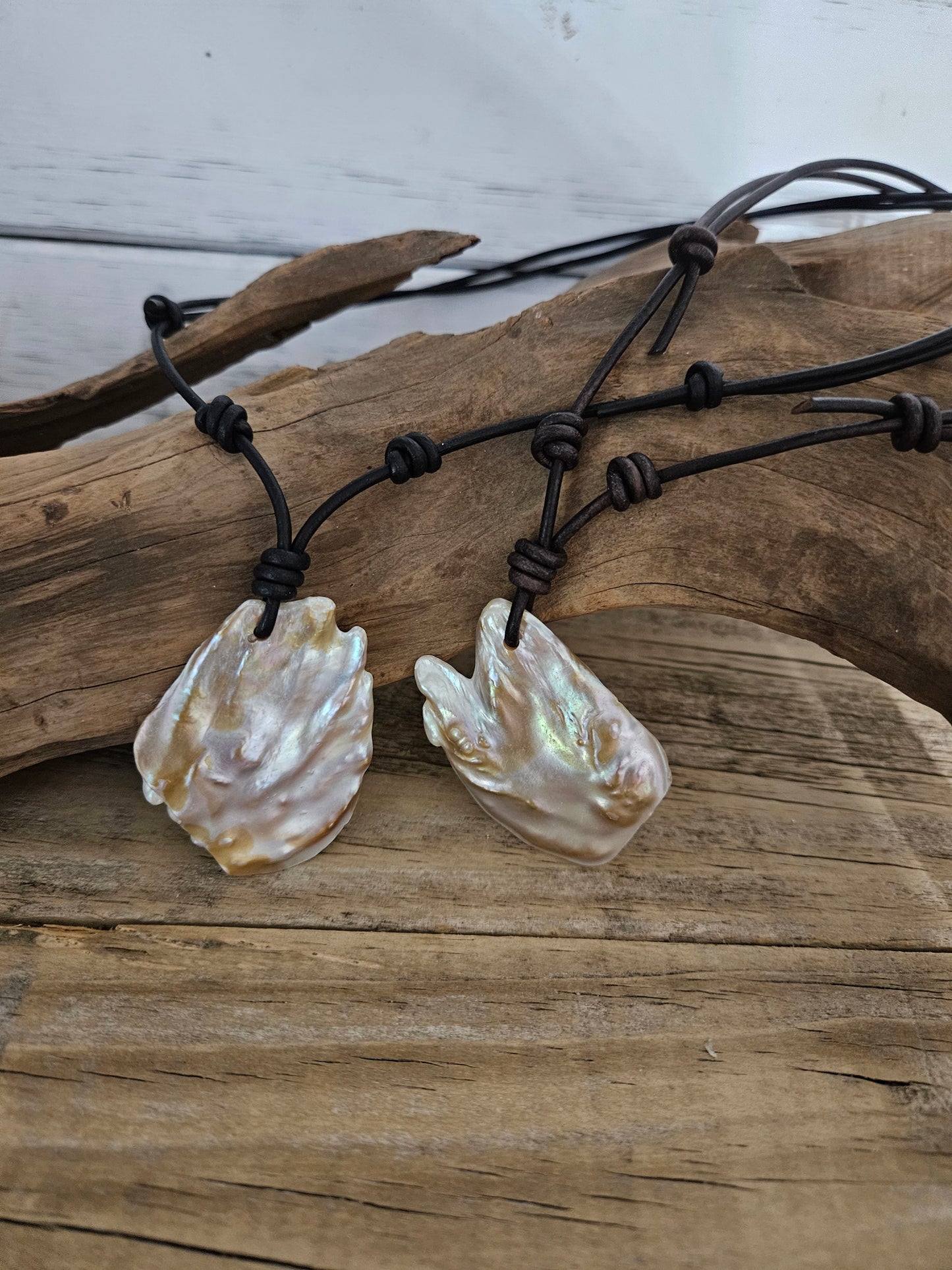 Boho Leather & Blister Pearl Angel Wing Necklace: Adjustable Hippie Pendant