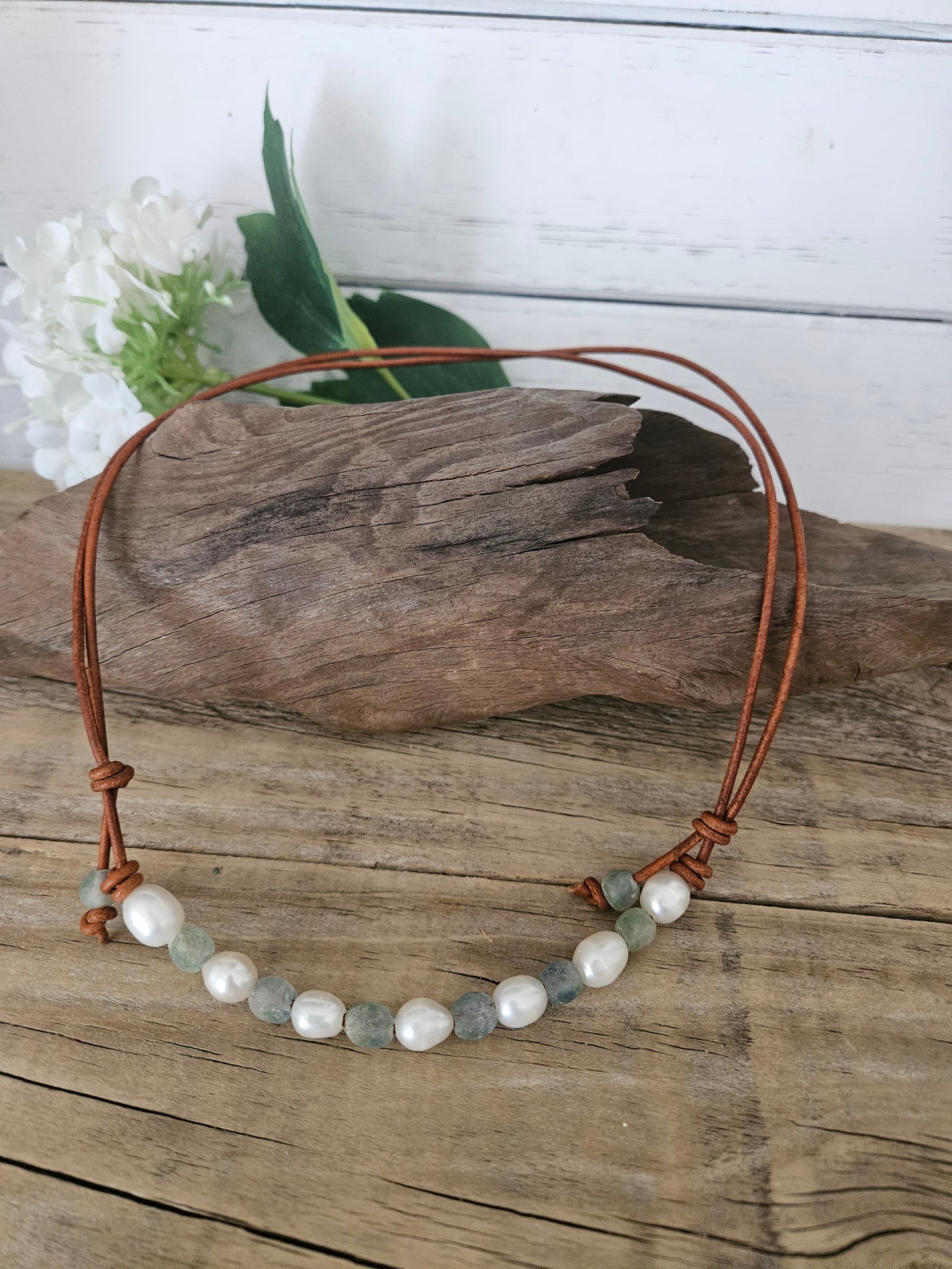 Boho Leather Pearl Necklace: Ghana Sea Glass, Freshwater Pearls
