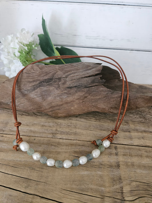 Boho Leather Pearl Necklace: Ghana Sea Glass, Freshwater Pearls