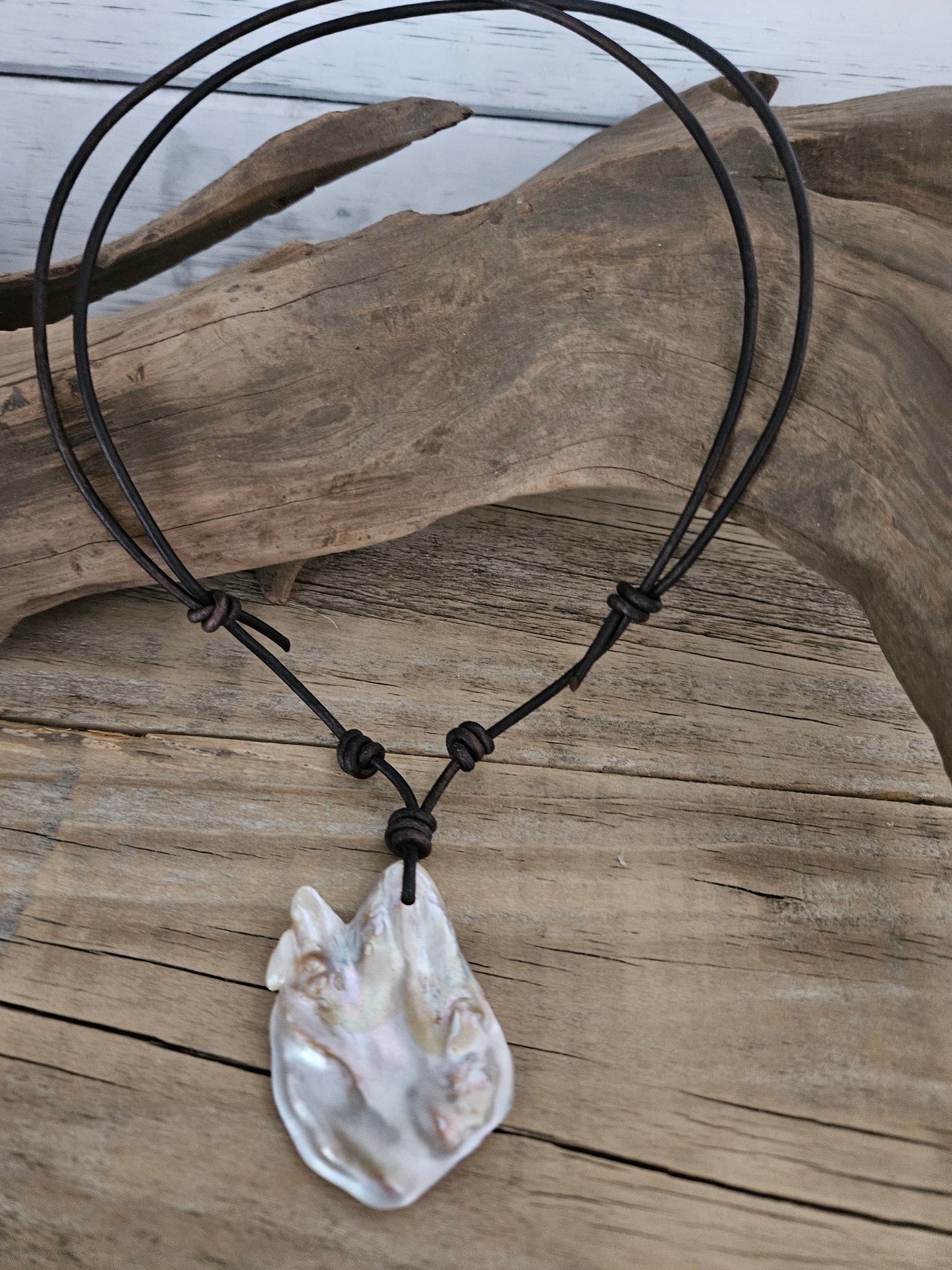 Boho Leather & Blister Pearl Angel Wing Necklace: Adjustable Hippie Pendant