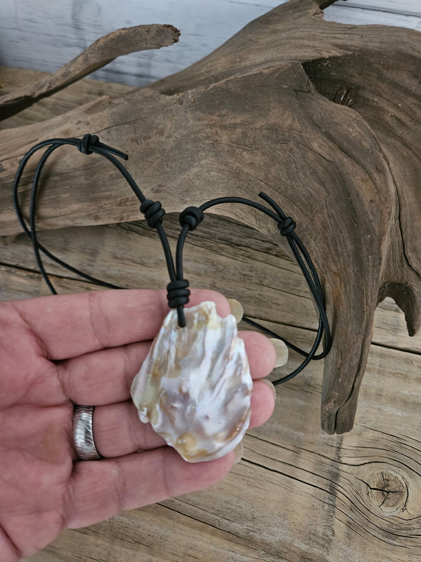 Boho Leather & Blister Pearl Angel Wing Necklace: Adjustable Hippie Pendant