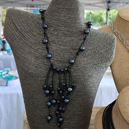 Black Freshwater Pearl Waterfall Necklace: Boho Leather Jewelry