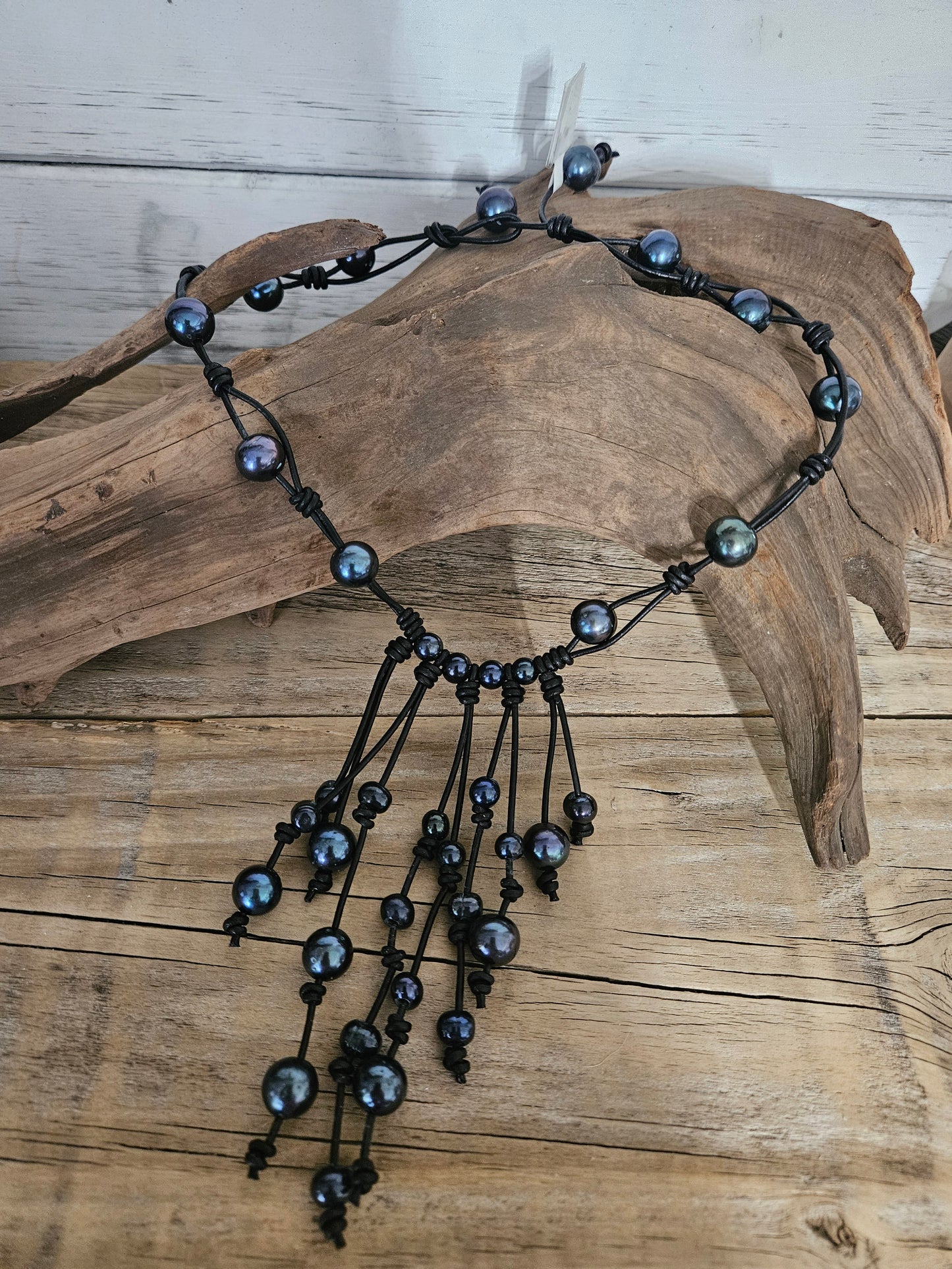 Black Freshwater Pearl Waterfall Necklace: Boho Leather Jewelry