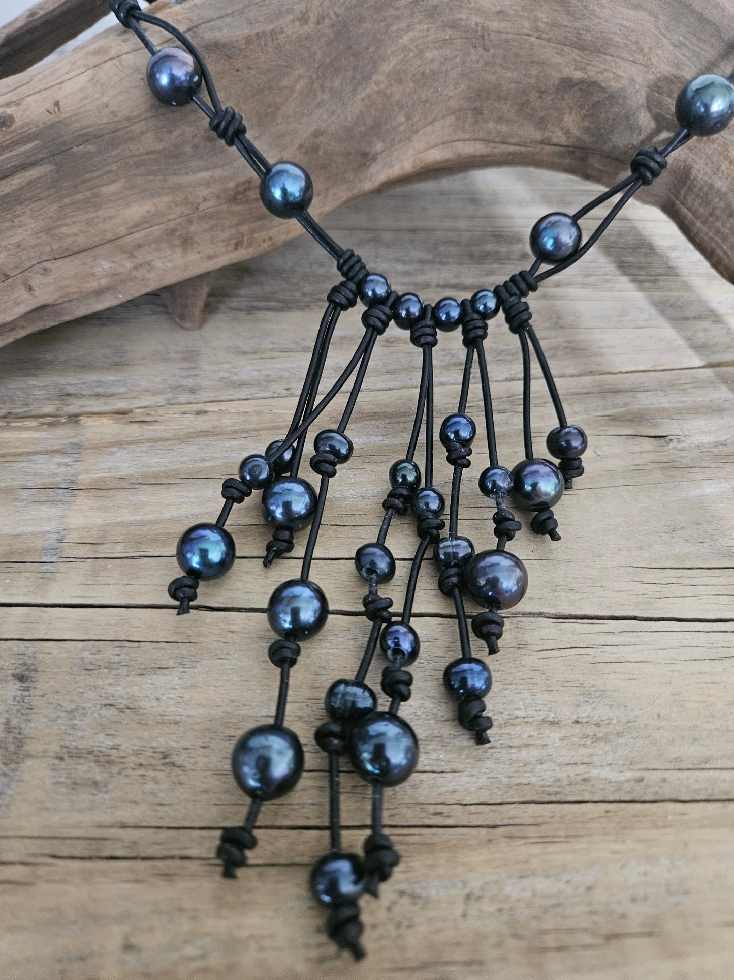 Black Freshwater Pearl Waterfall Necklace: Boho Leather Jewelry