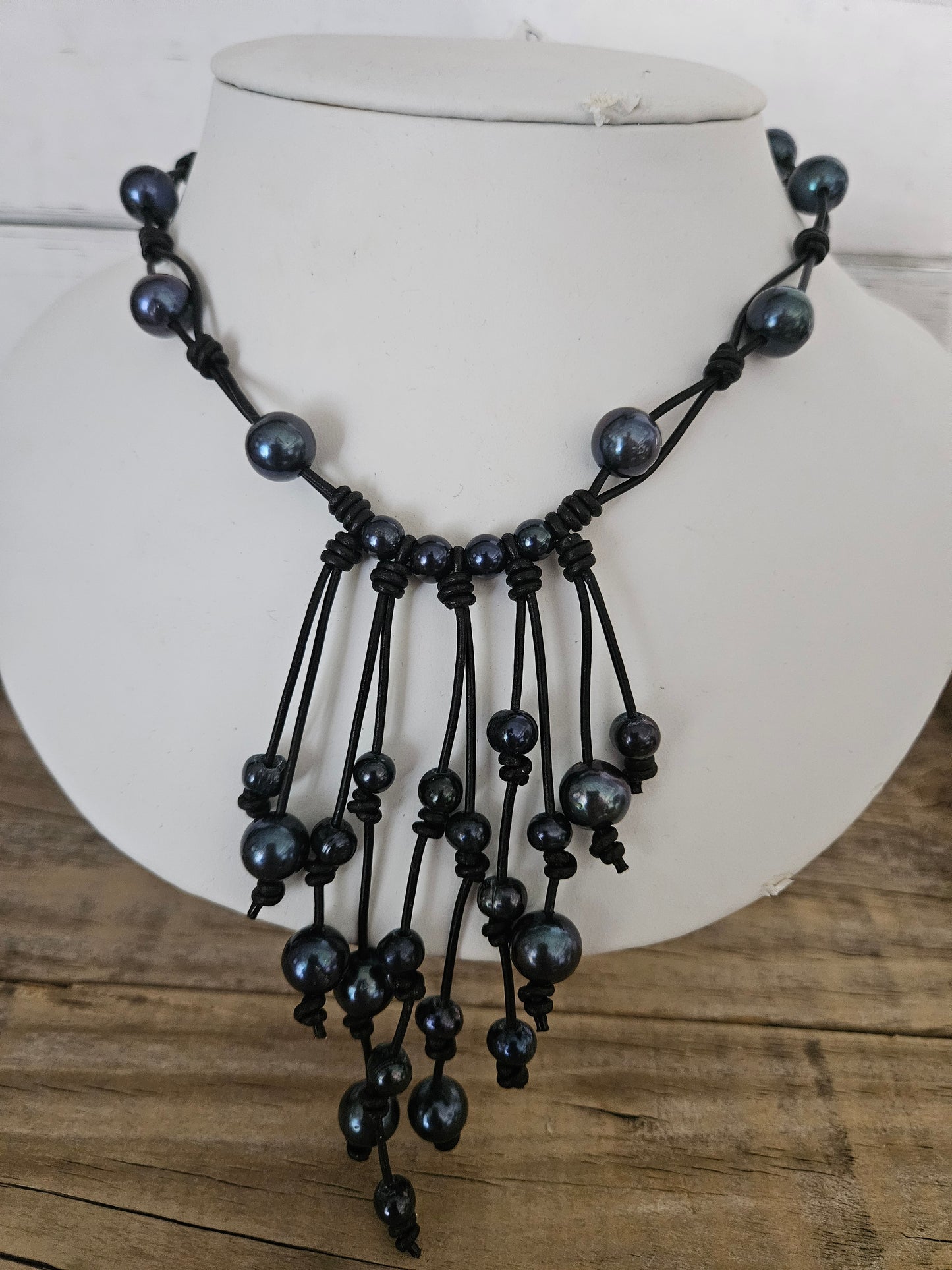 Black Freshwater Pearl Waterfall Necklace: Boho Leather Jewelry