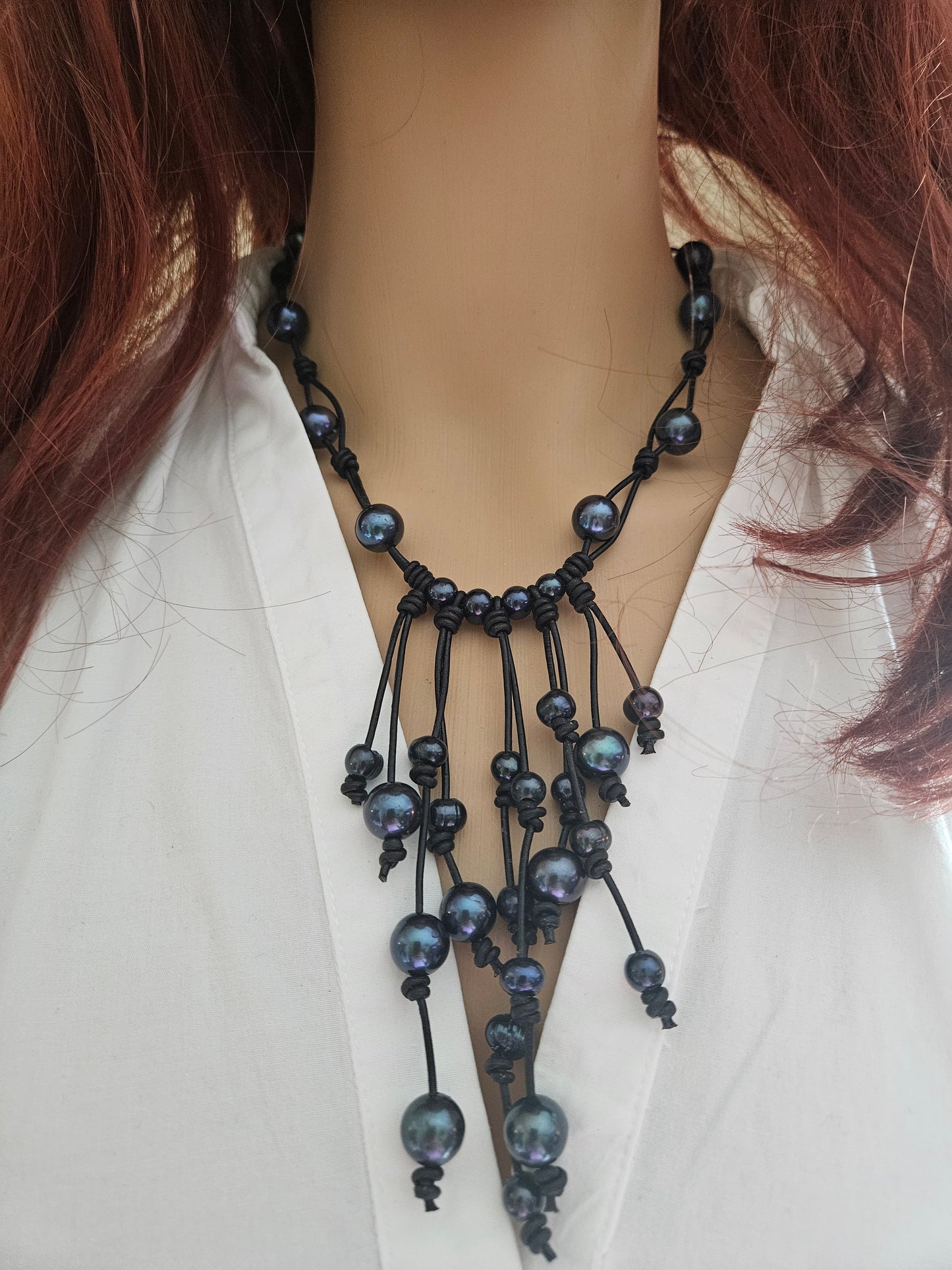Black Freshwater Pearl Waterfall Necklace: Boho Leather Jewelry