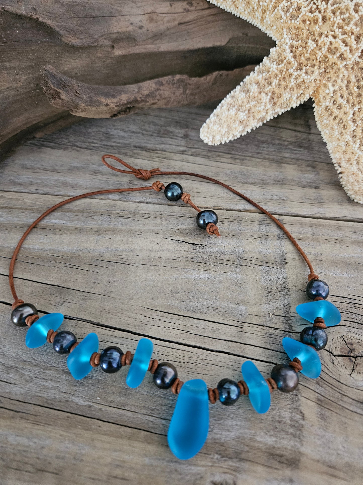 Blue Sea Glass & Peacock Pearl Leather Choker Necklace: Ocean Jewelry