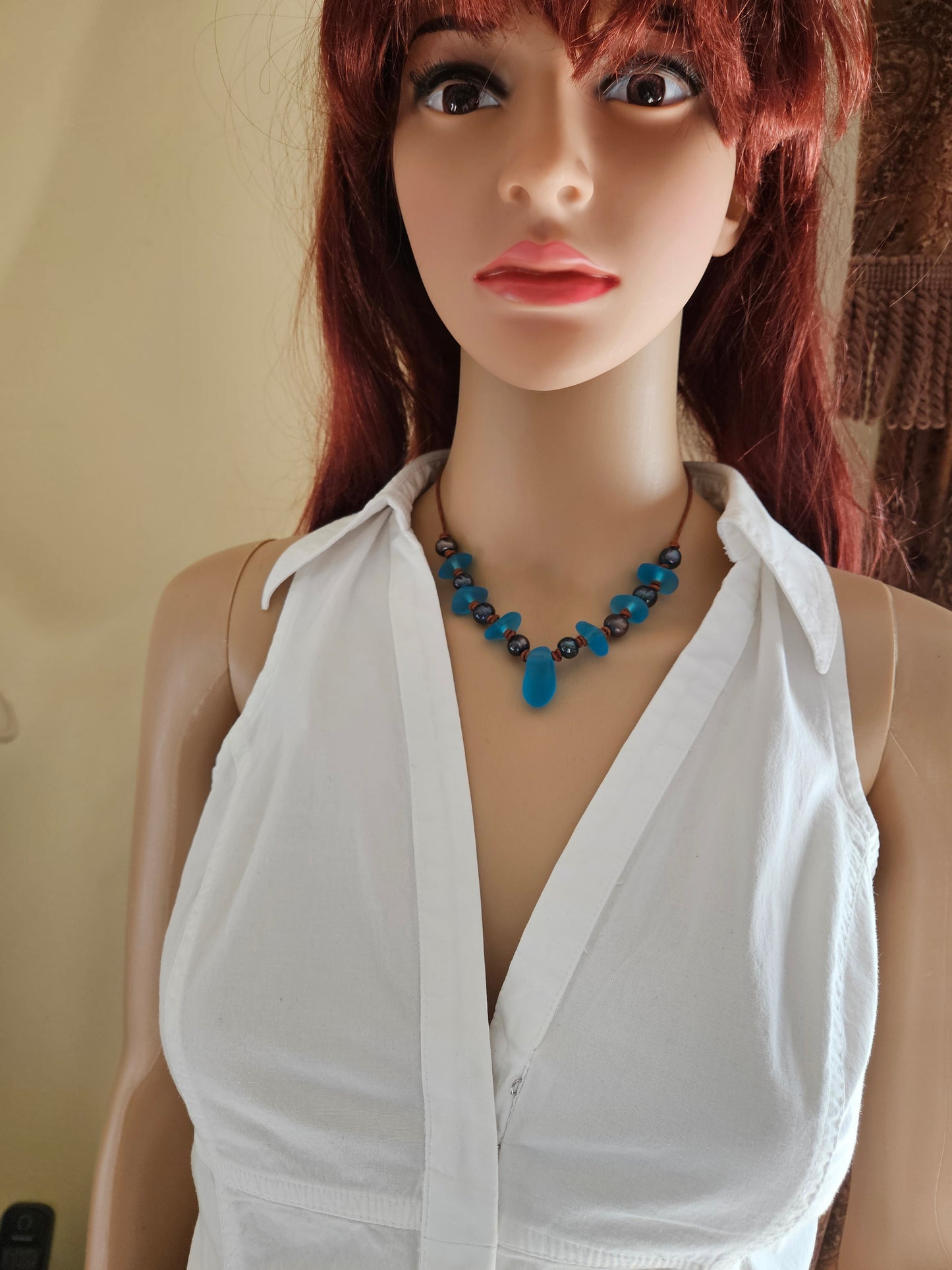 Blue Sea Glass & Peacock Pearl Leather Choker Necklace: Ocean Jewelry