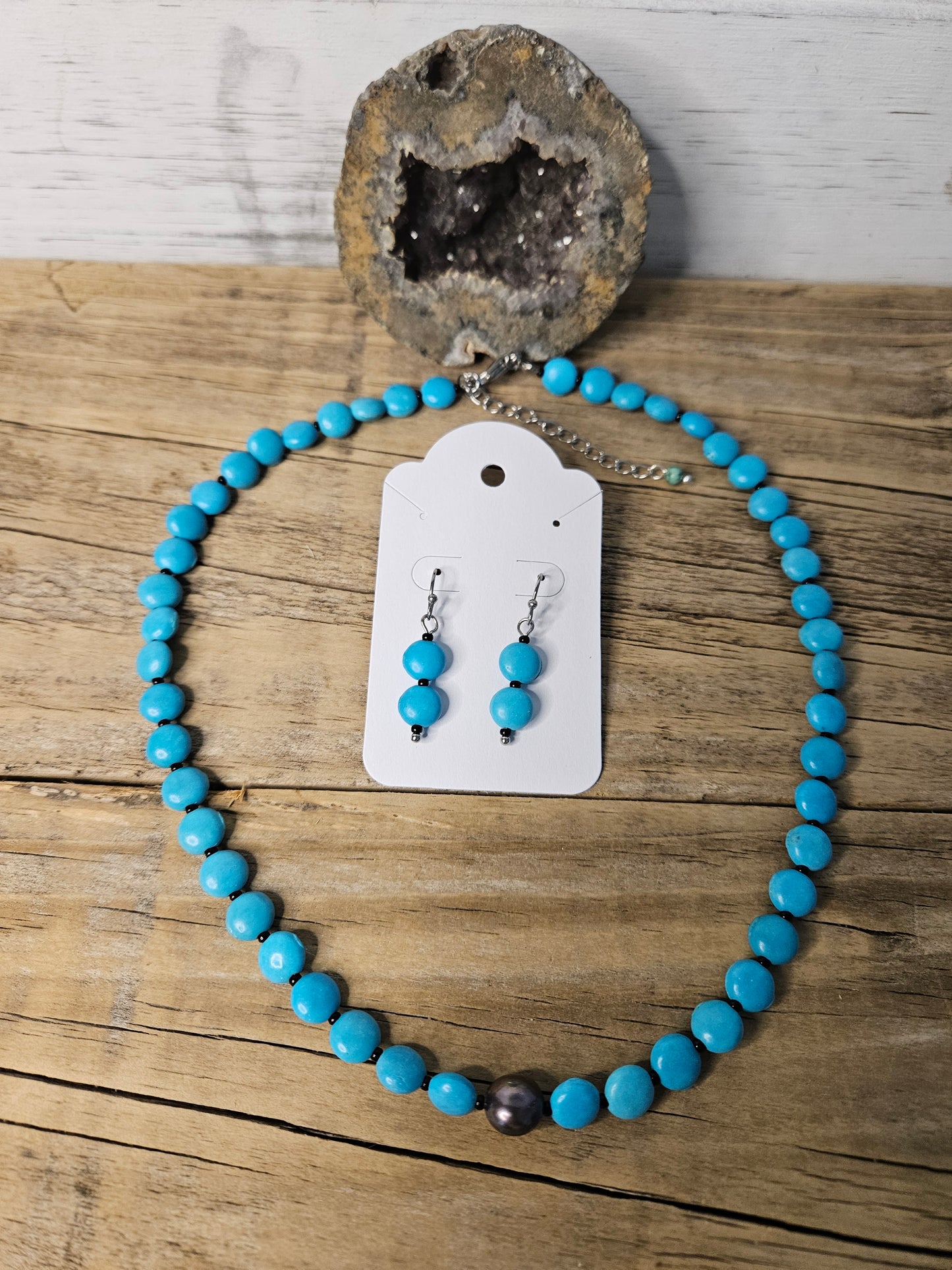 Sale ! Turquoise Blue Stone Necklace with Earring Set
