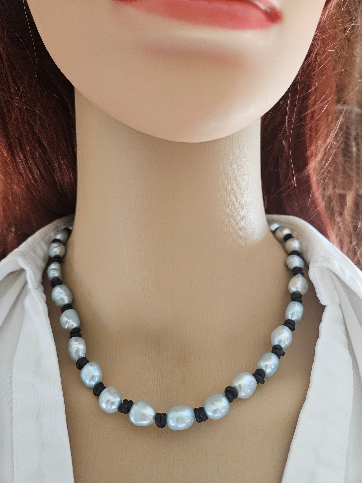 Baby Blue Baroque Pearl Necklace Earring Set: Leather Knotted, Sterling Silver