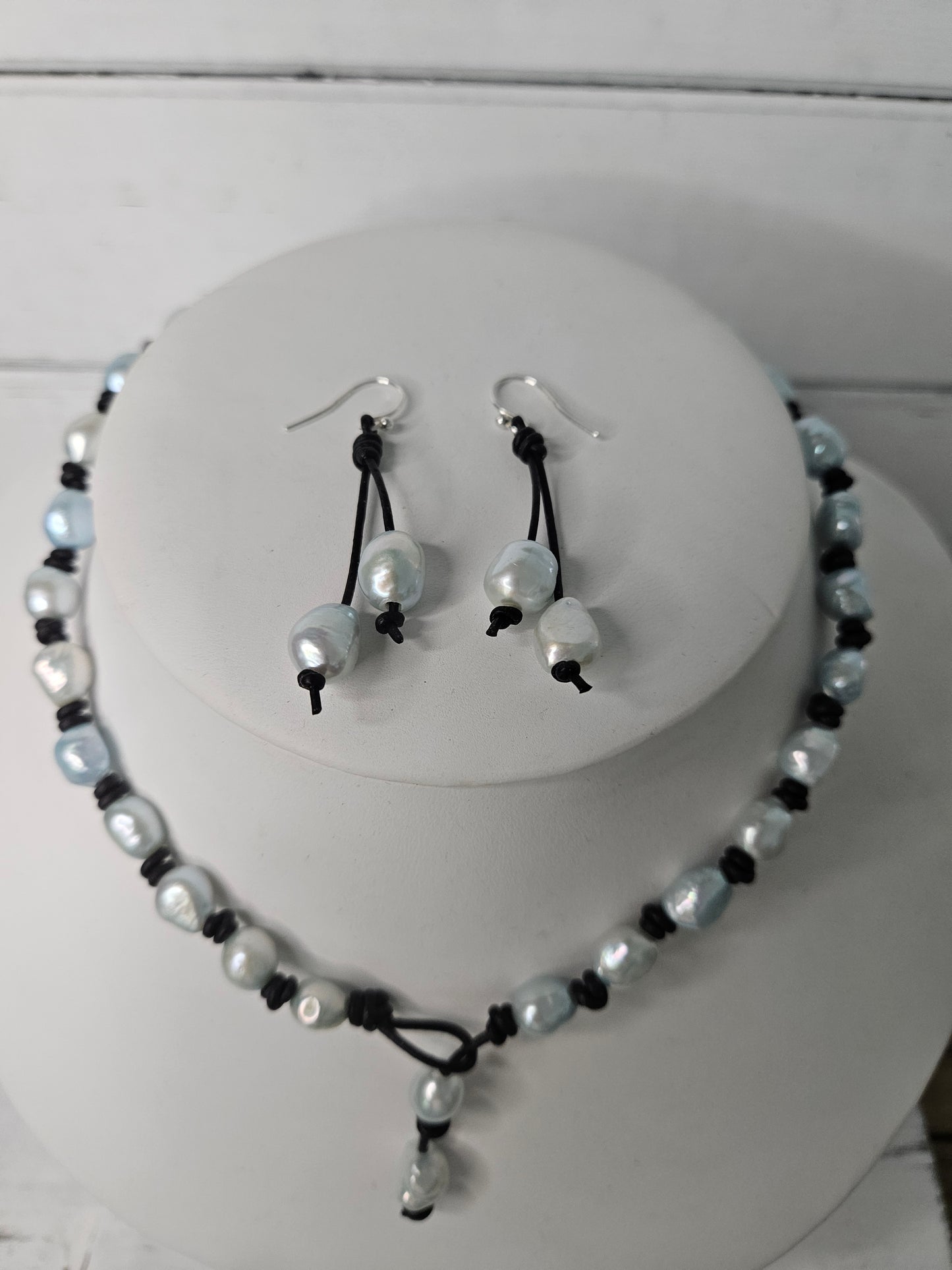 Baby Blue Baroque Pearl Necklace Earring Set: Leather Knotted, Sterling Silver