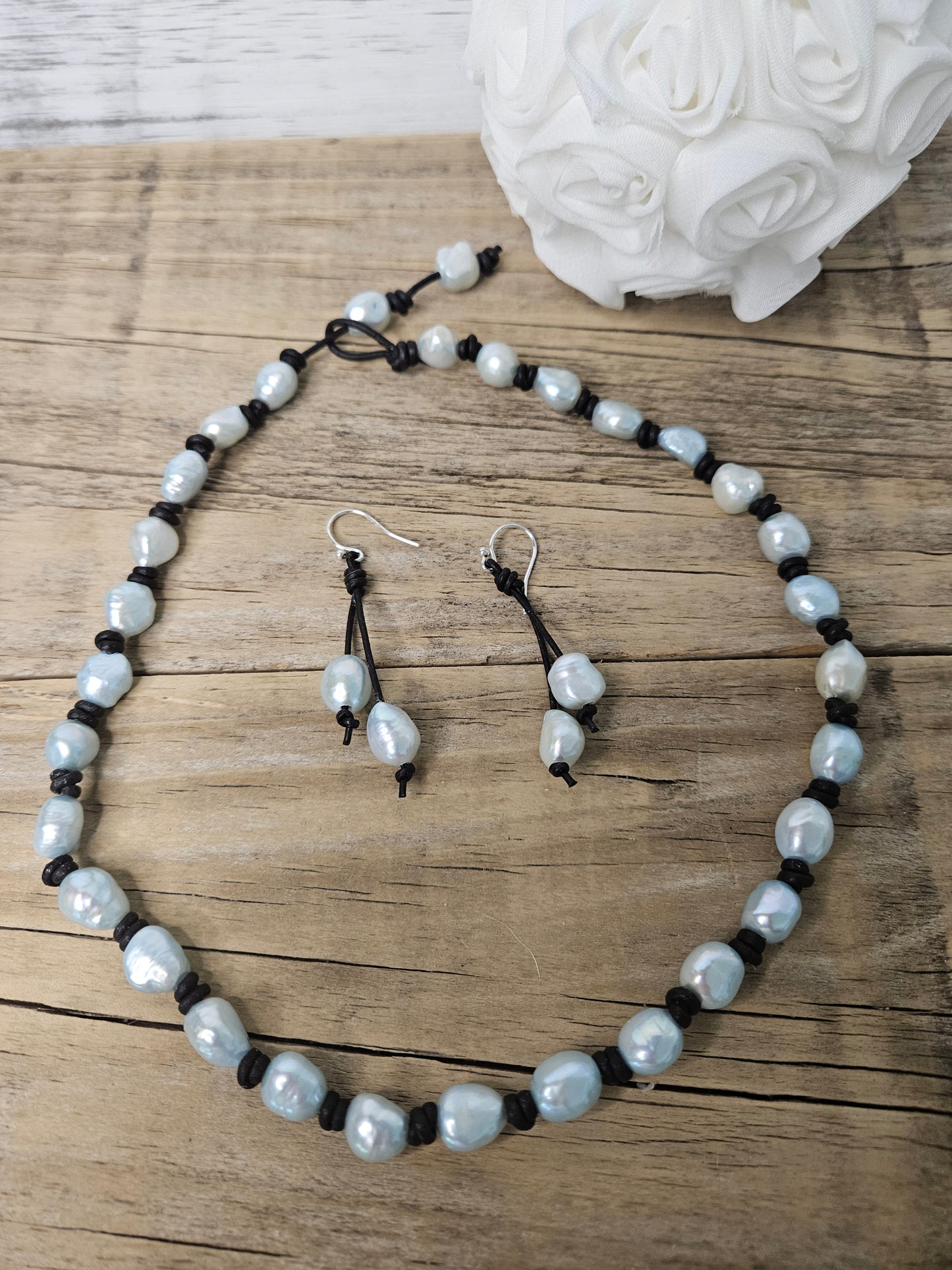 Baby Blue Baroque Pearl Necklace Earring Set: Leather Knotted, Sterling Silver
