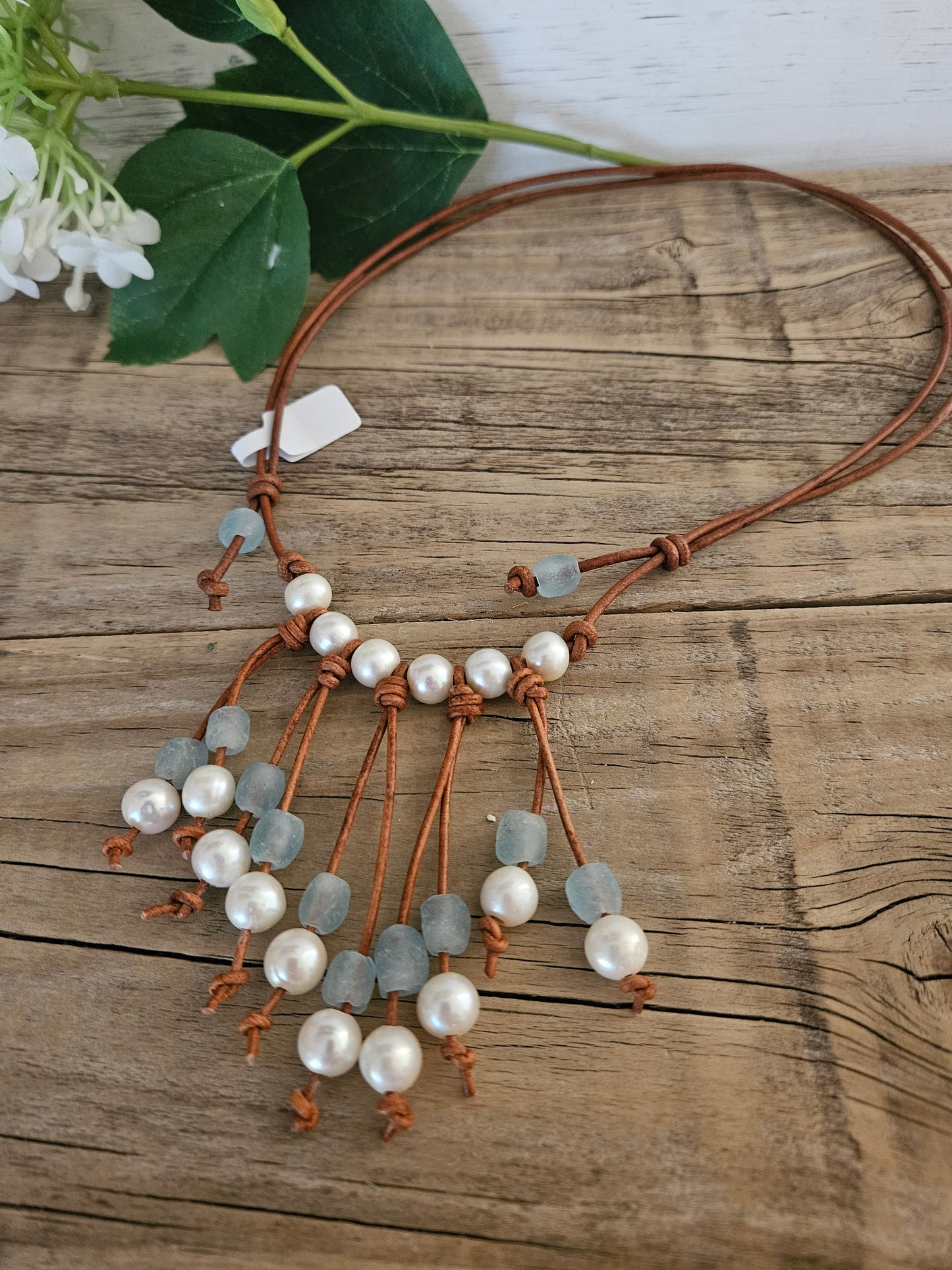 Leather Pearl Necklace: Sea Glass & Freshwater Pearl Fringe