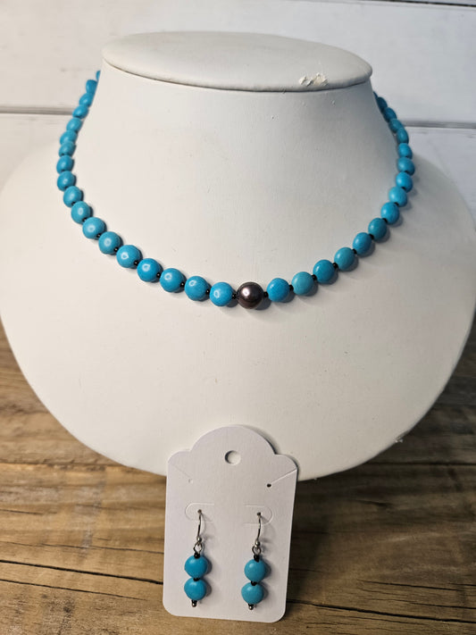 Sale ! Turquoise Blue Stone Necklace with Earring Set