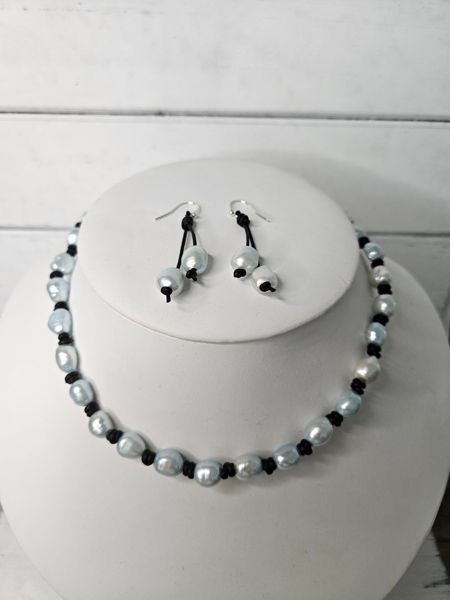 Baby Blue Baroque Pearl Necklace Earring Set: Leather Knotted, Sterling Silver