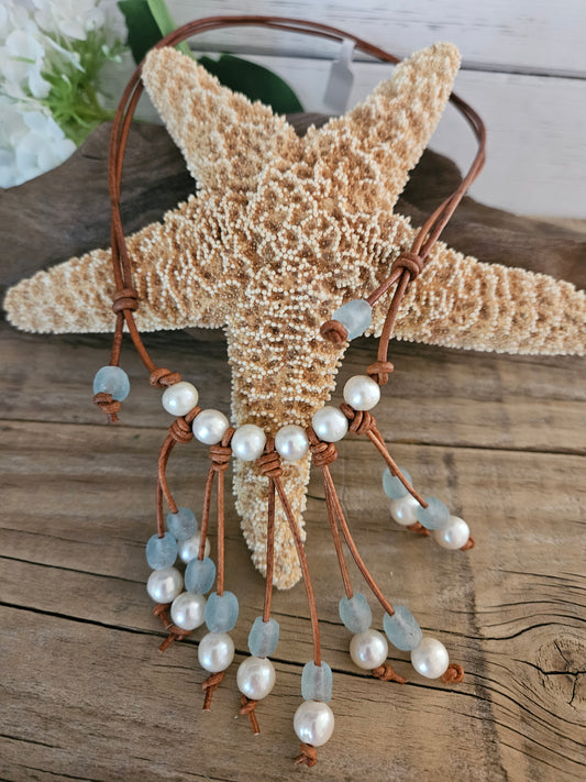 Leather Pearl Necklace: Sea Glass & Freshwater Pearl Fringe