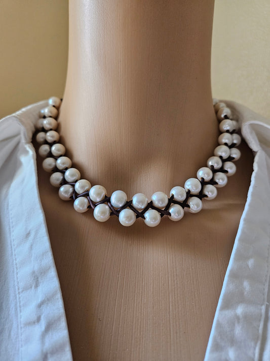 Boho Chic Pearl Choker: Braided Black Leather Necklace