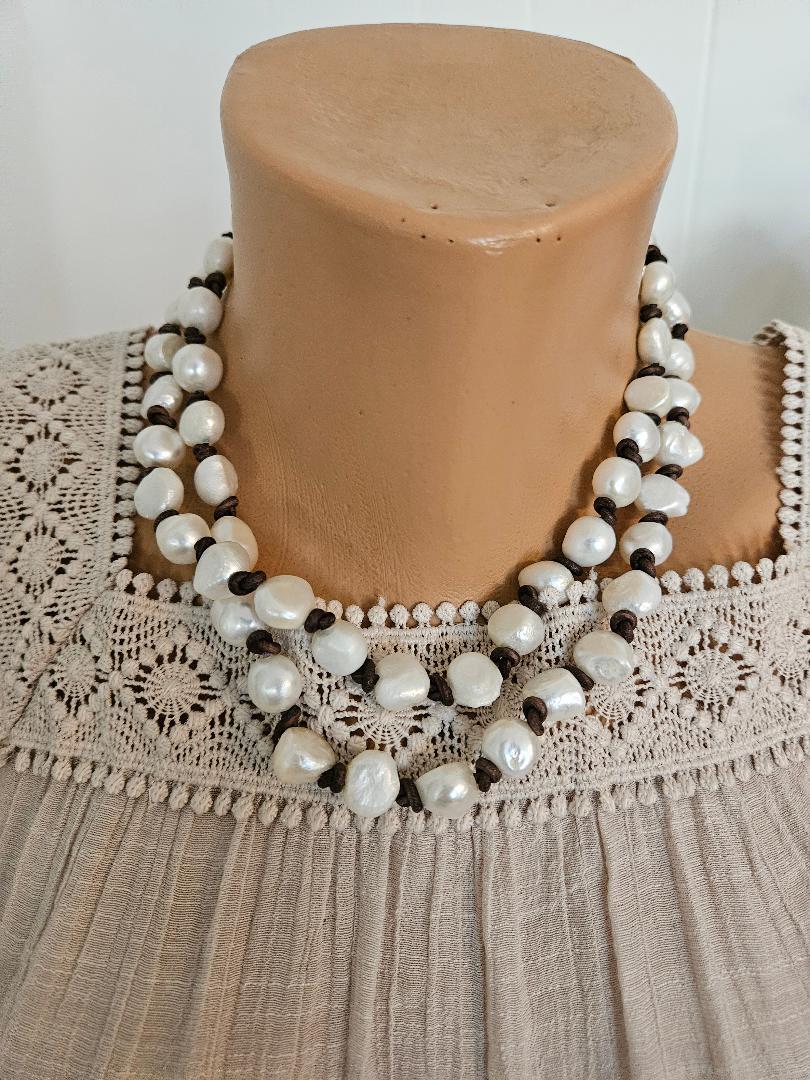 Boho Baroque Pearl Necklace: Knotted Leather, Freshwater Pearl Nuggets