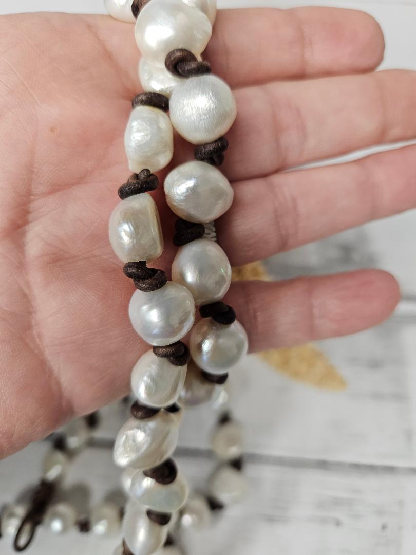 Boho Baroque Pearl Necklace: Knotted Leather, Freshwater Pearl Nuggets