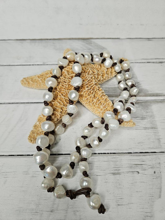Boho Baroque Pearl Necklace: Knotted Leather, Freshwater Pearl Nuggets