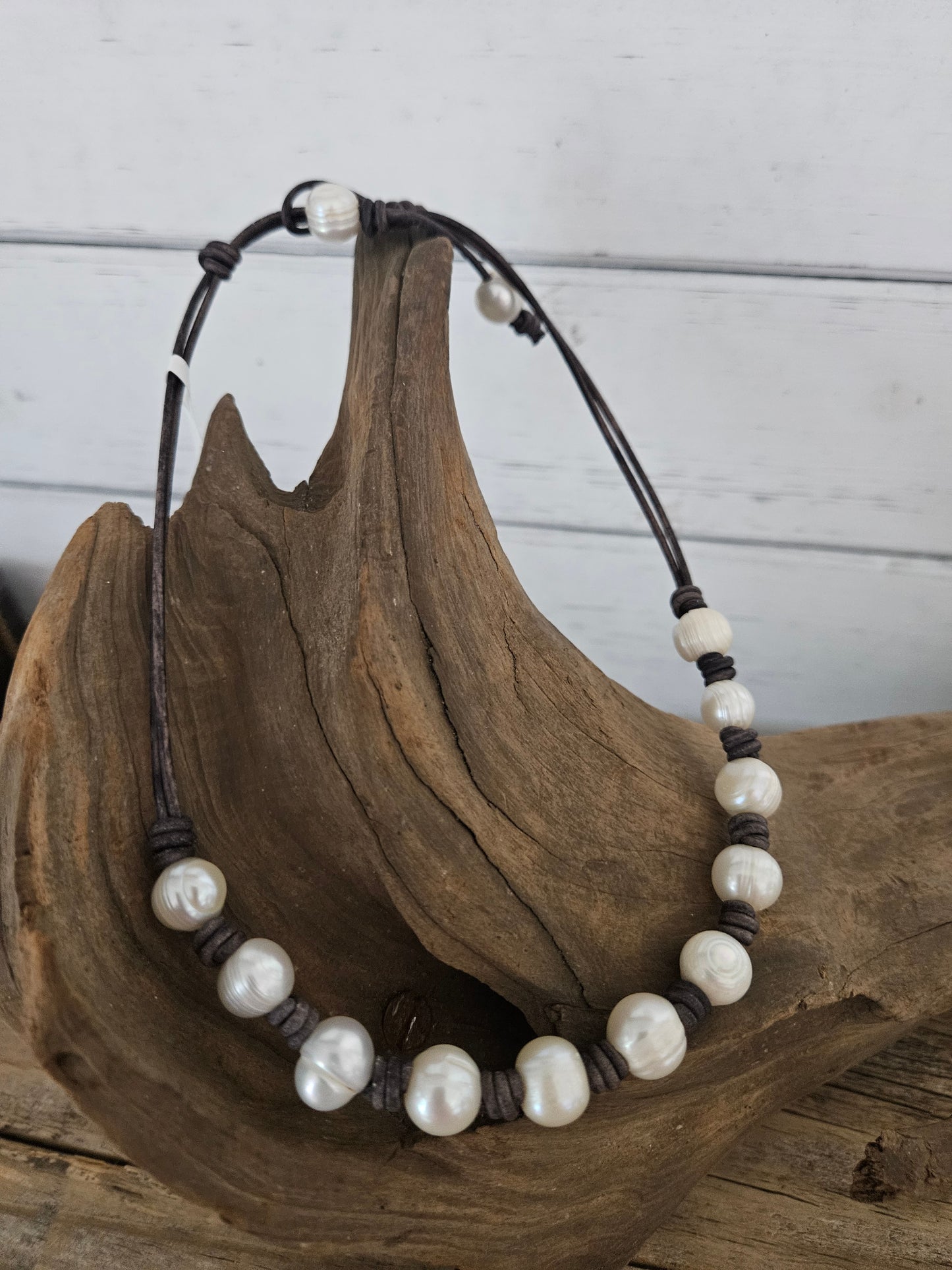 Bohemian Beach Leather Choker Necklace: Freshwater Pearl, Handmade