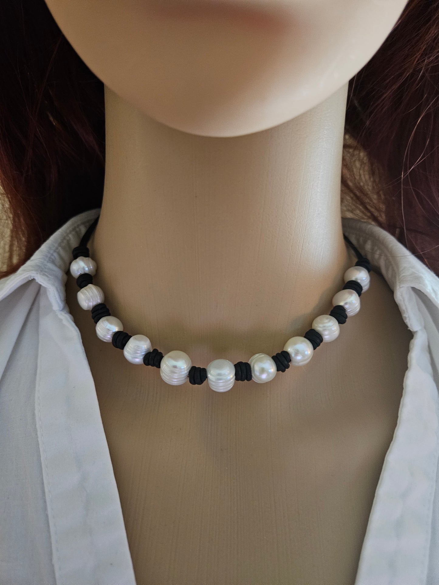 Bohemian Beach Leather Choker Necklace: Freshwater Pearl, Handmade