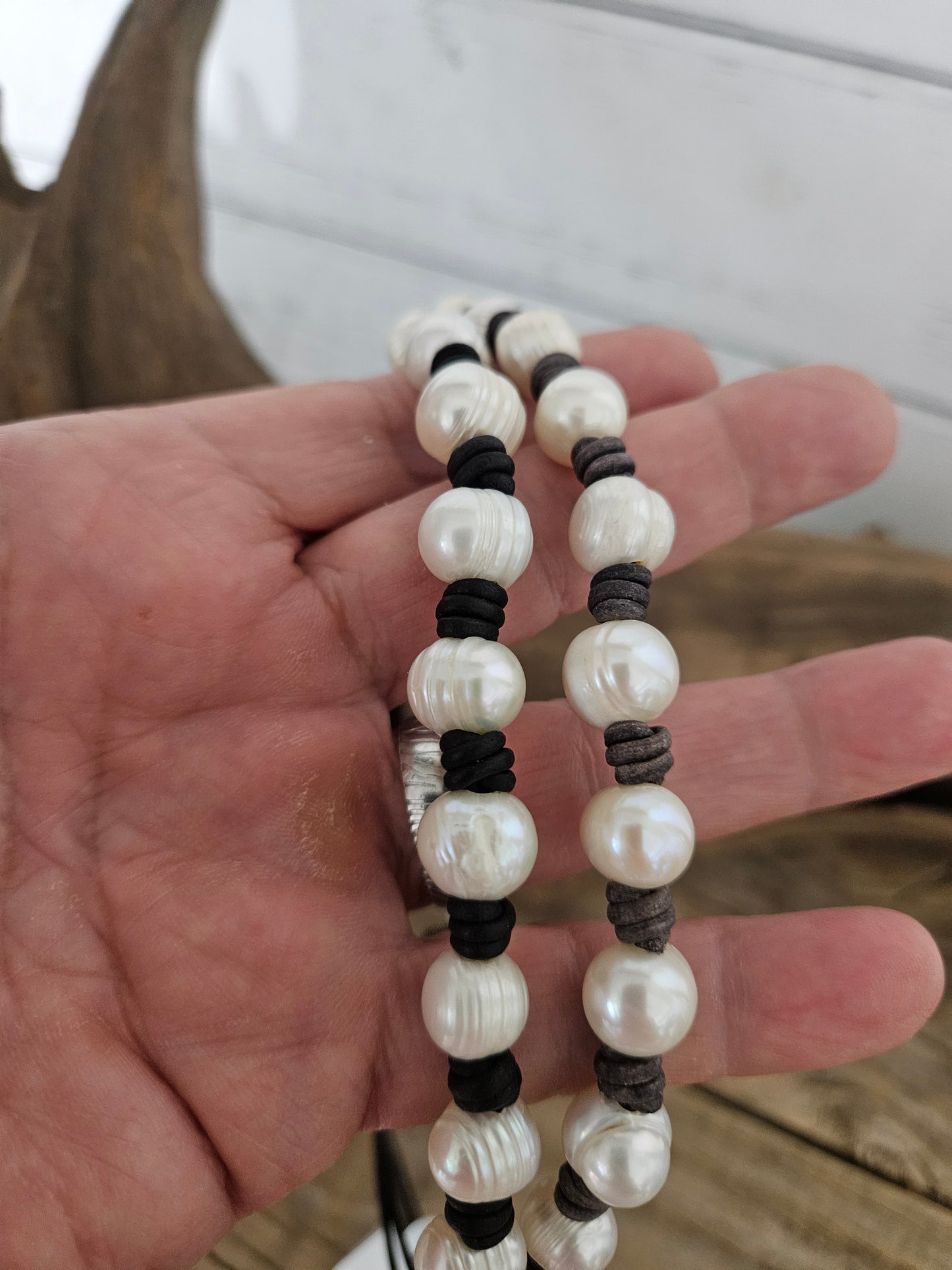 Bohemian Beach Leather Choker Necklace: Freshwater Pearl, Handmade