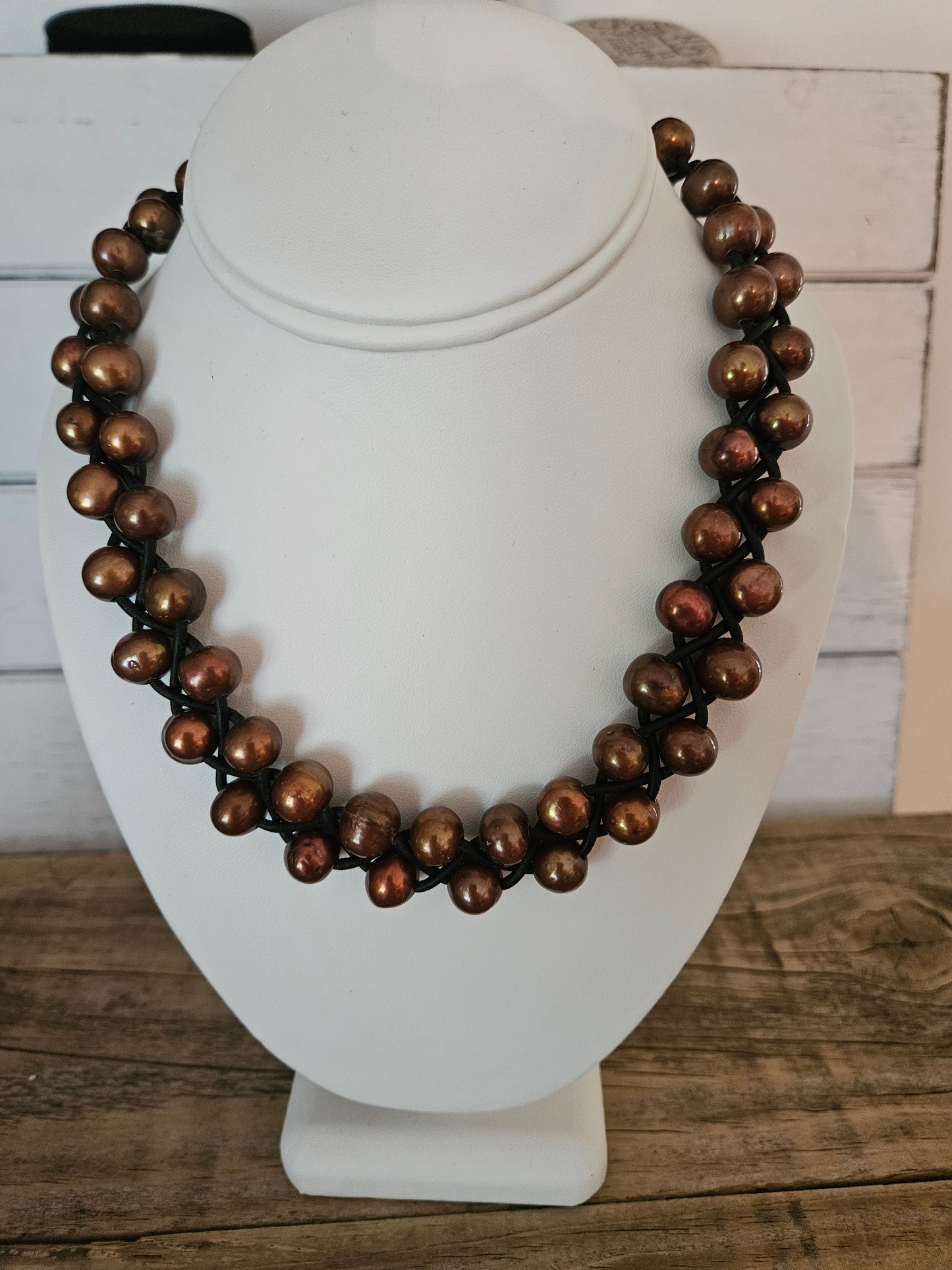 Pearl on Leather Braided Necklace -Copper color Pearls