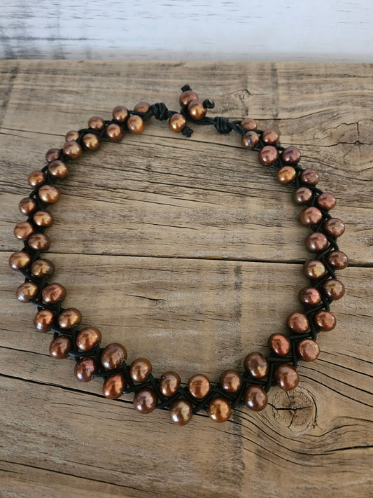 Pearl on Leather Braided Necklace -Copper color Pearls