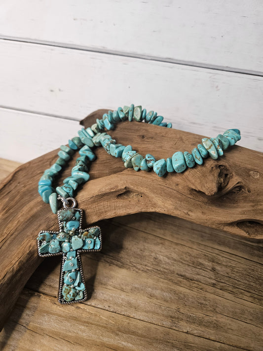 Western Inspired Chunky Turquoise color Cross Necklace