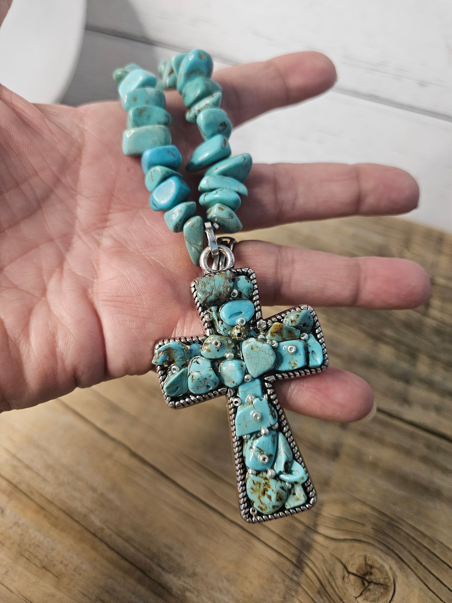 Western Inspired Chunky Turquoise color Cross Necklace