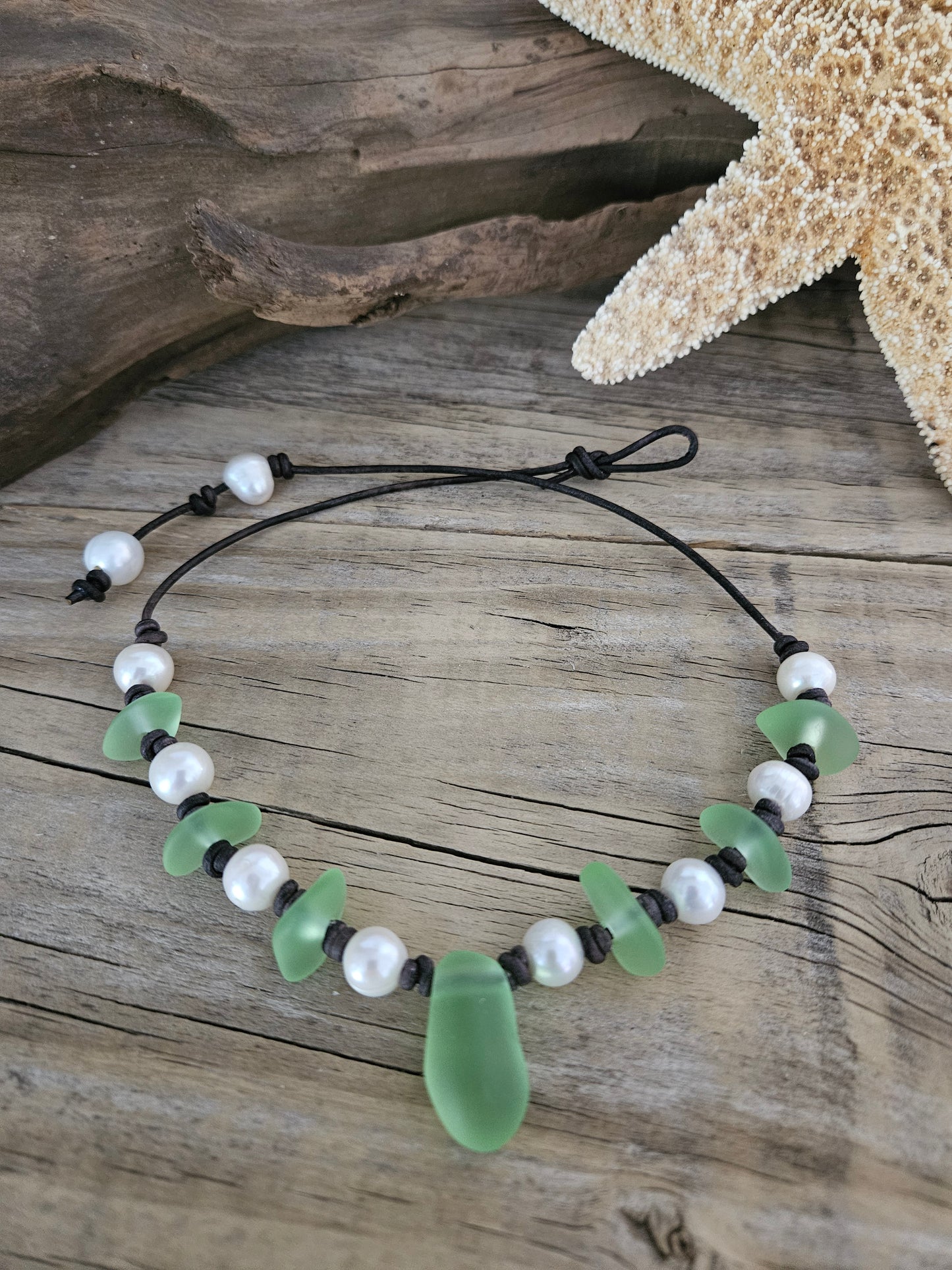 Emerald Green Sea Glass Pearl Necklace: Leather Choker, Freshwater Pearls