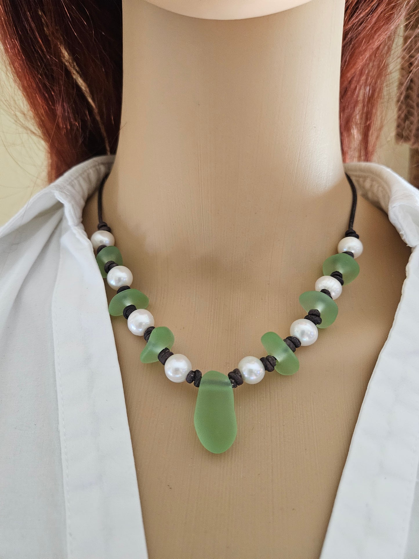 Emerald Green Sea Glass Pearl Necklace: Leather Choker, Freshwater Pearls