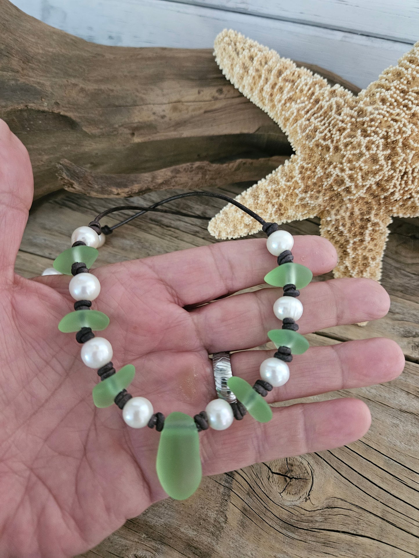 Emerald Green Sea Glass Pearl Necklace: Leather Choker, Freshwater Pearls